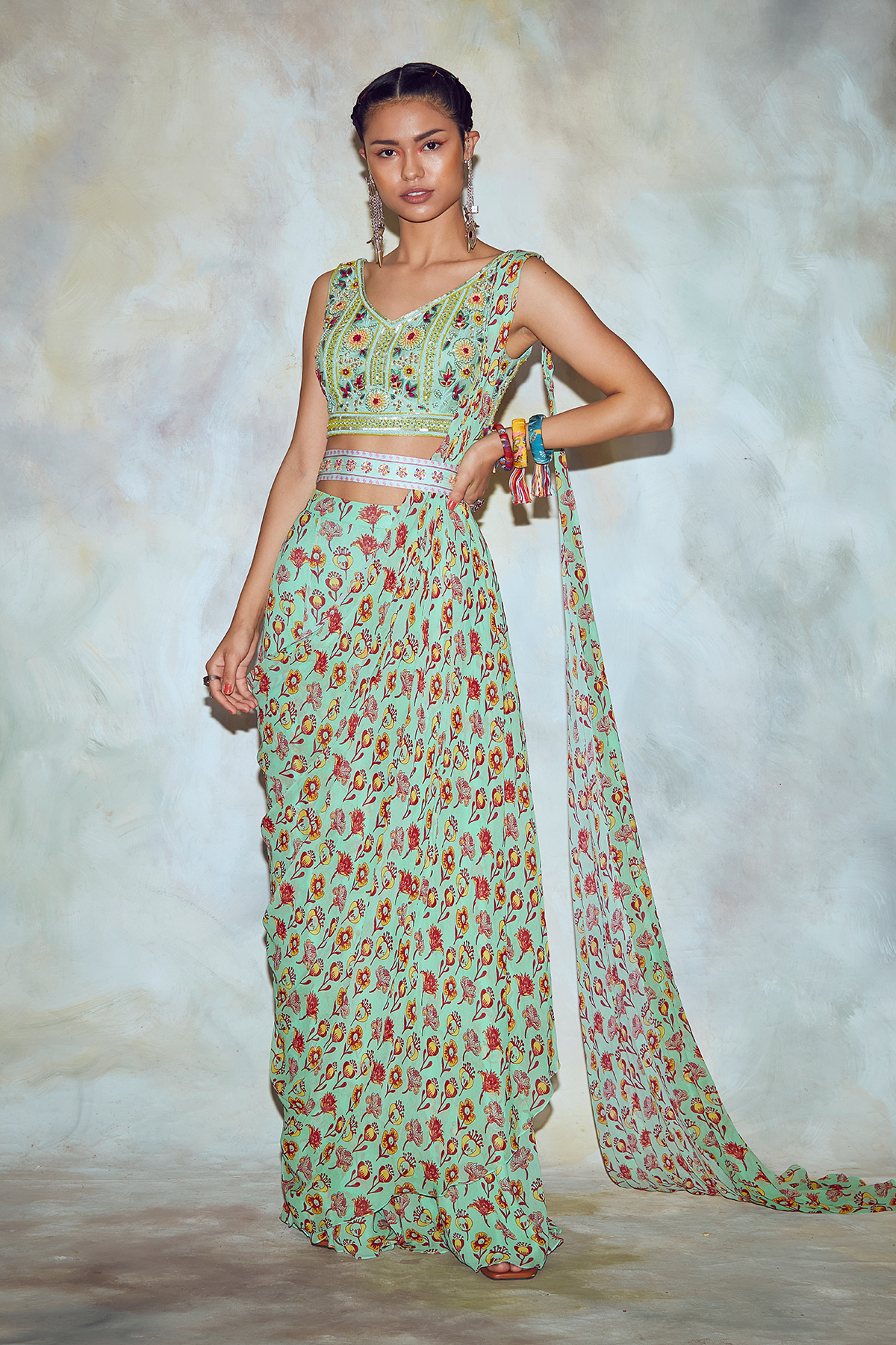 Mint Green Floral Saree Set