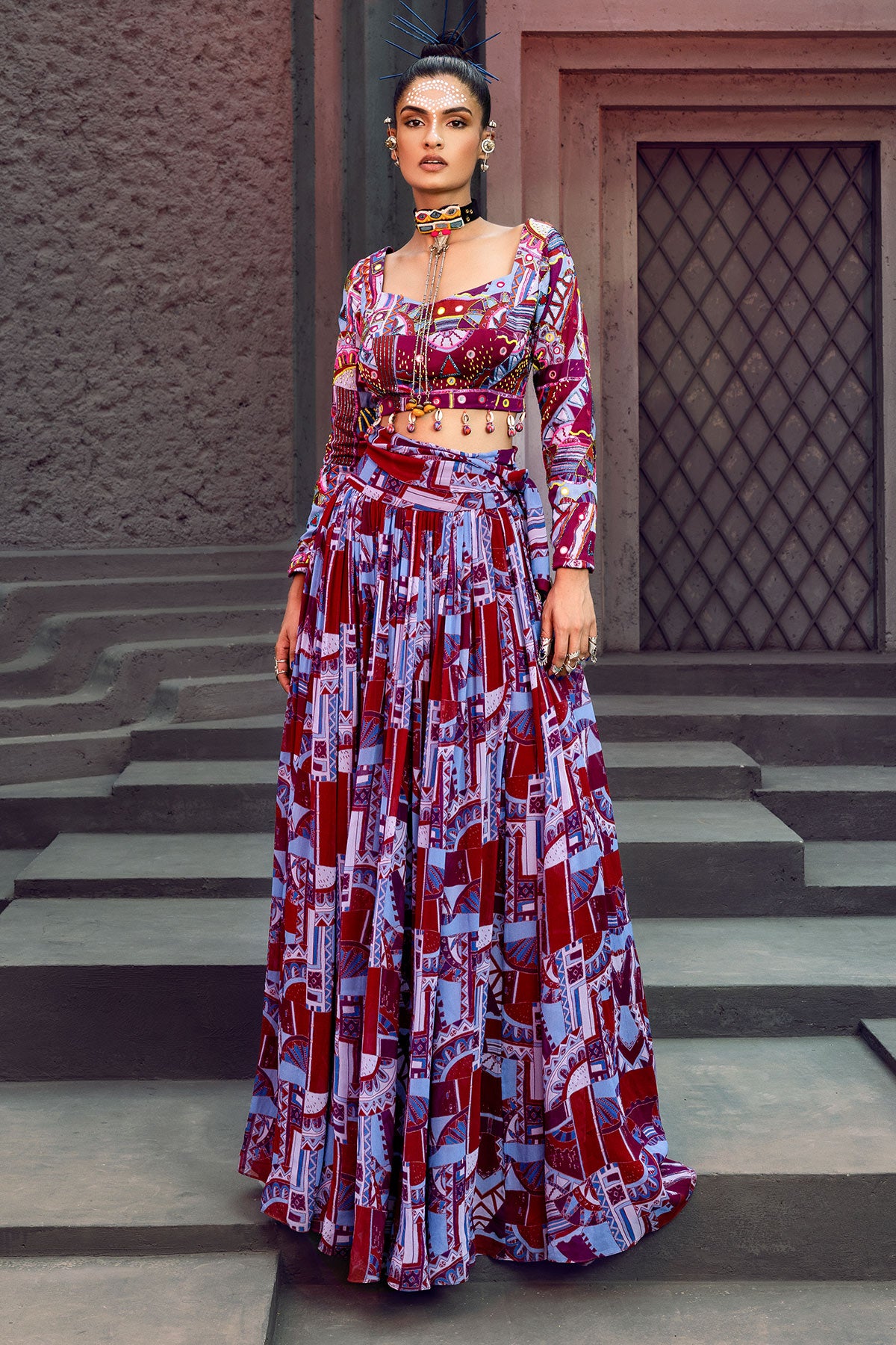 Purple geometric printed gathered skirt with blouse and tie up belt