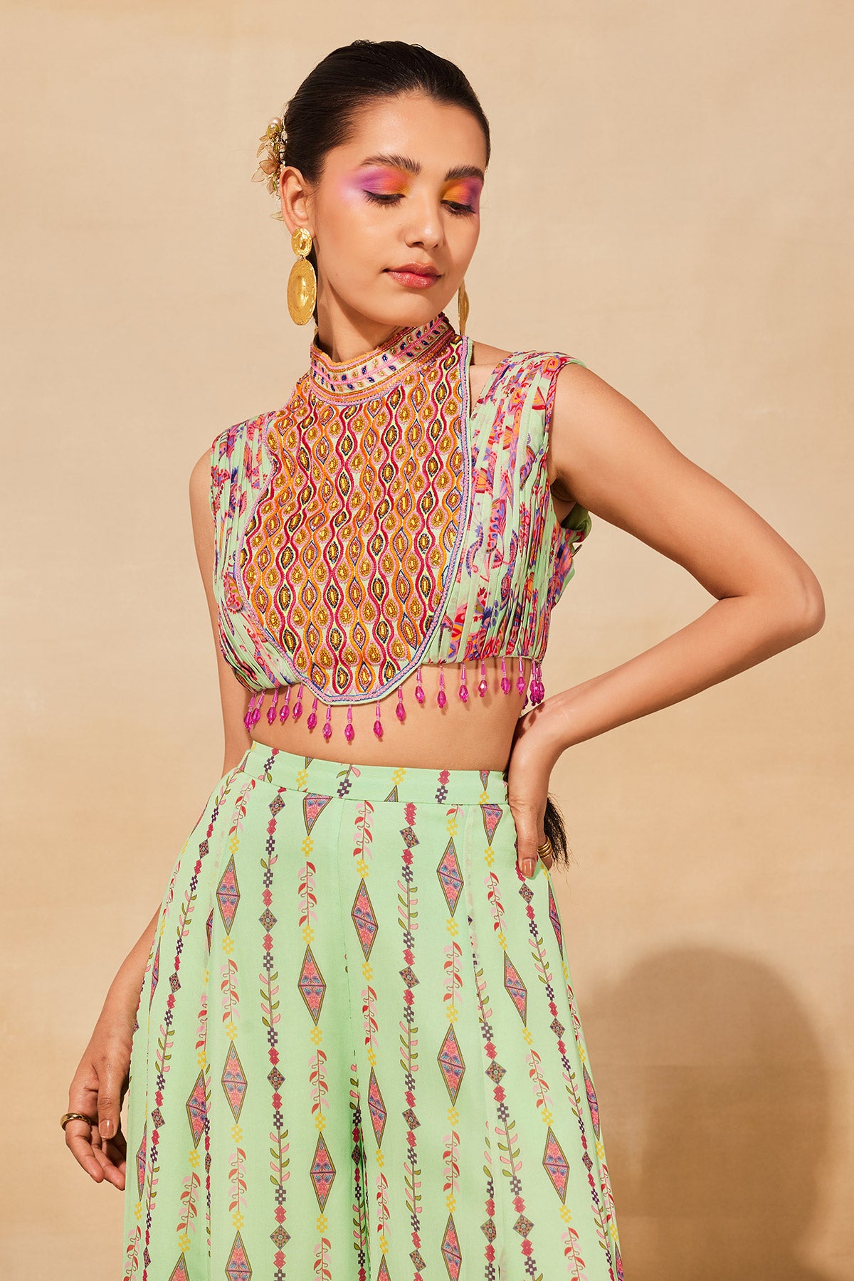 MINT GREEN PRINT & EMBROIDERED CROP TOP SET