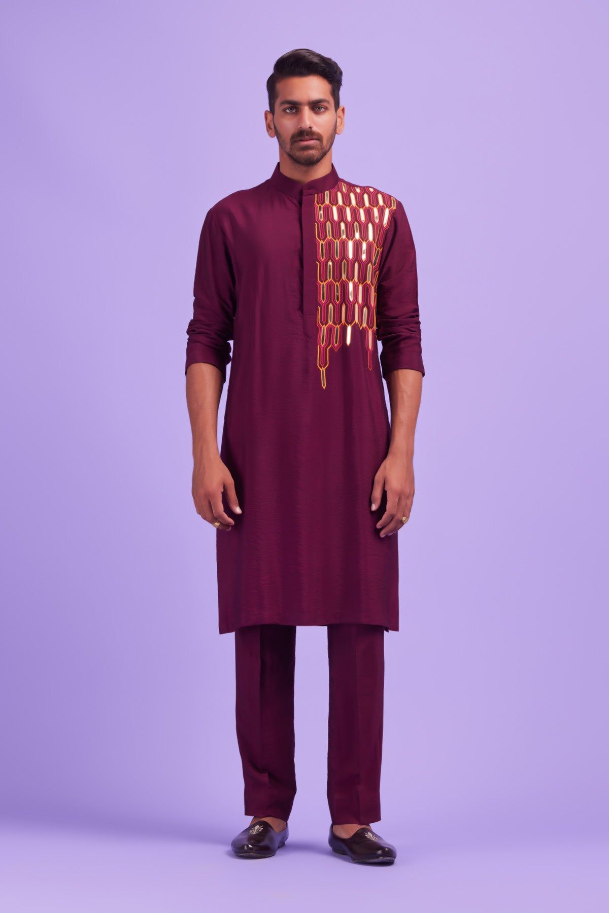 Wine Thread and Acrylic Brick Embroidered Kurta With Wine Pants