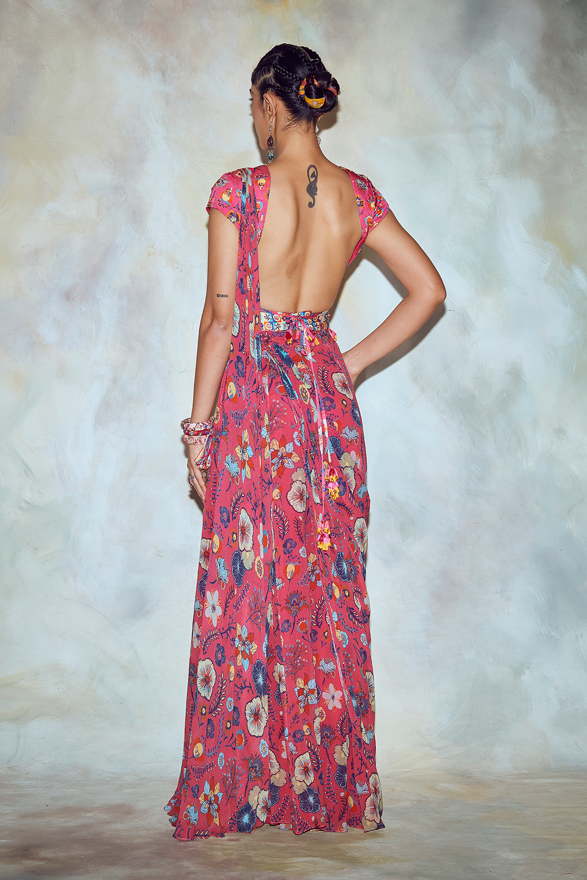 Fuschia Pink Floral Saree Set