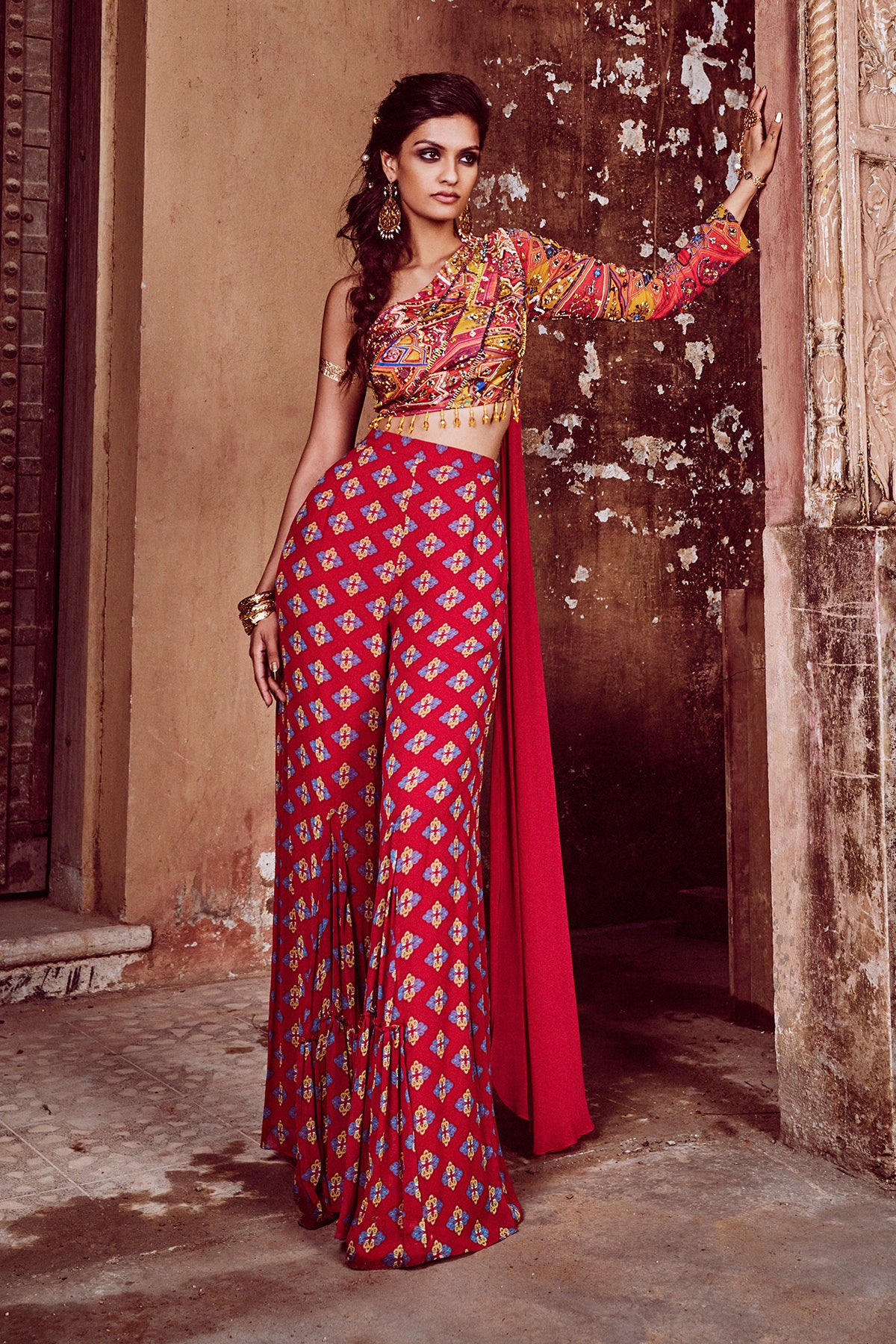 Yellow Bale Jaal Print Crop Top With Red Butta Printed Front Tiered Godet  Pants