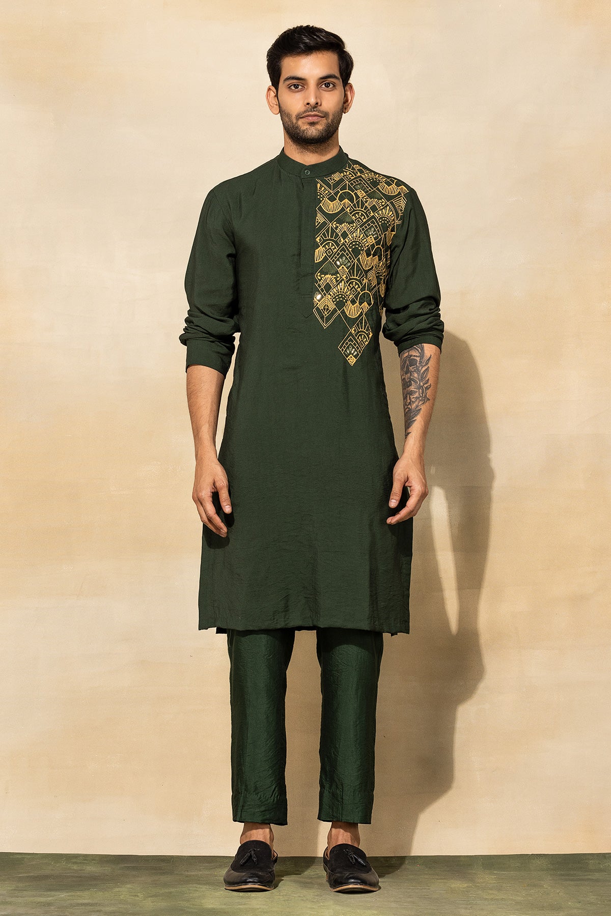 OLIVE GREEN EMBROIDERED KURTA