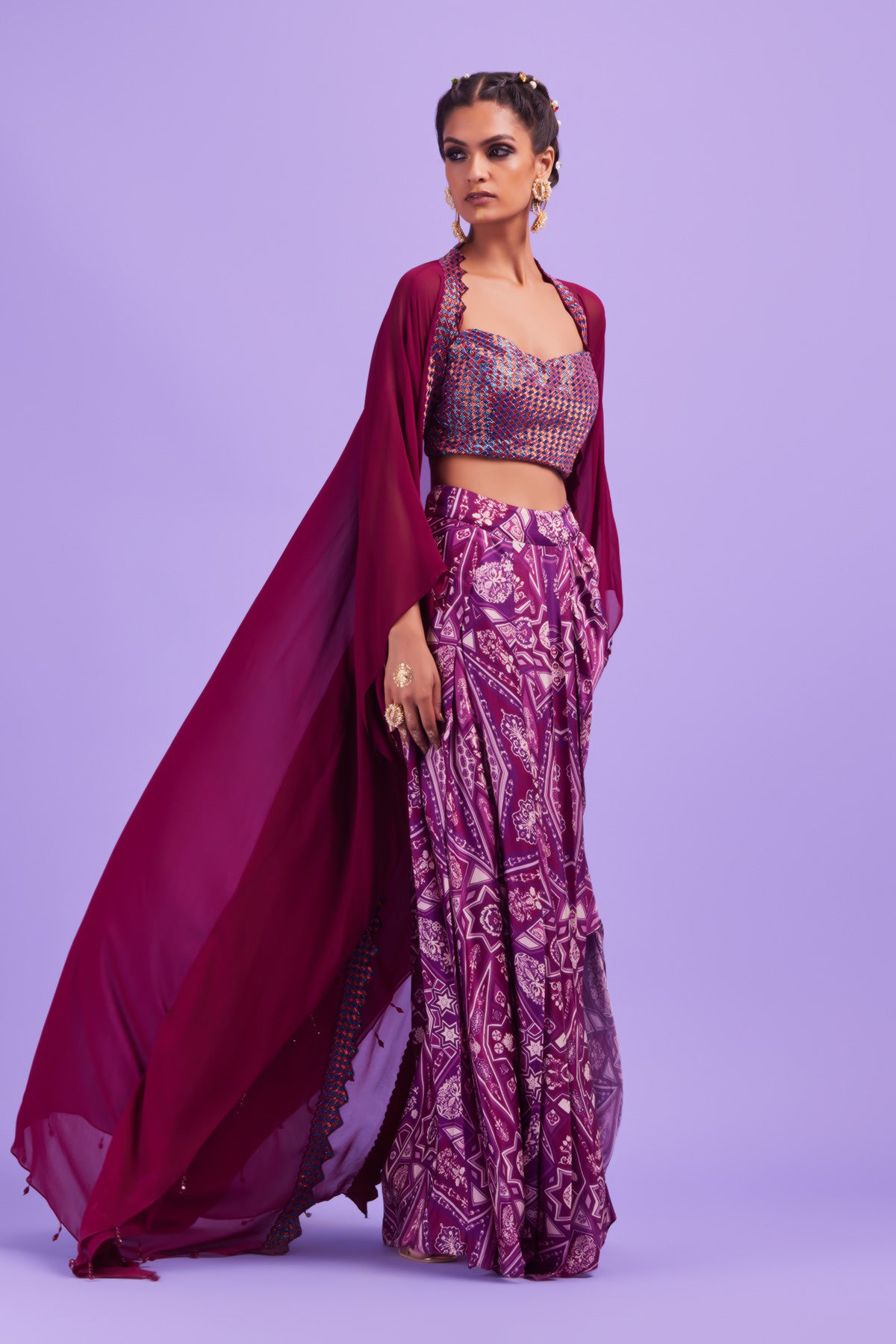 Purple Cutdana Embroidered Bustier & Cape Set