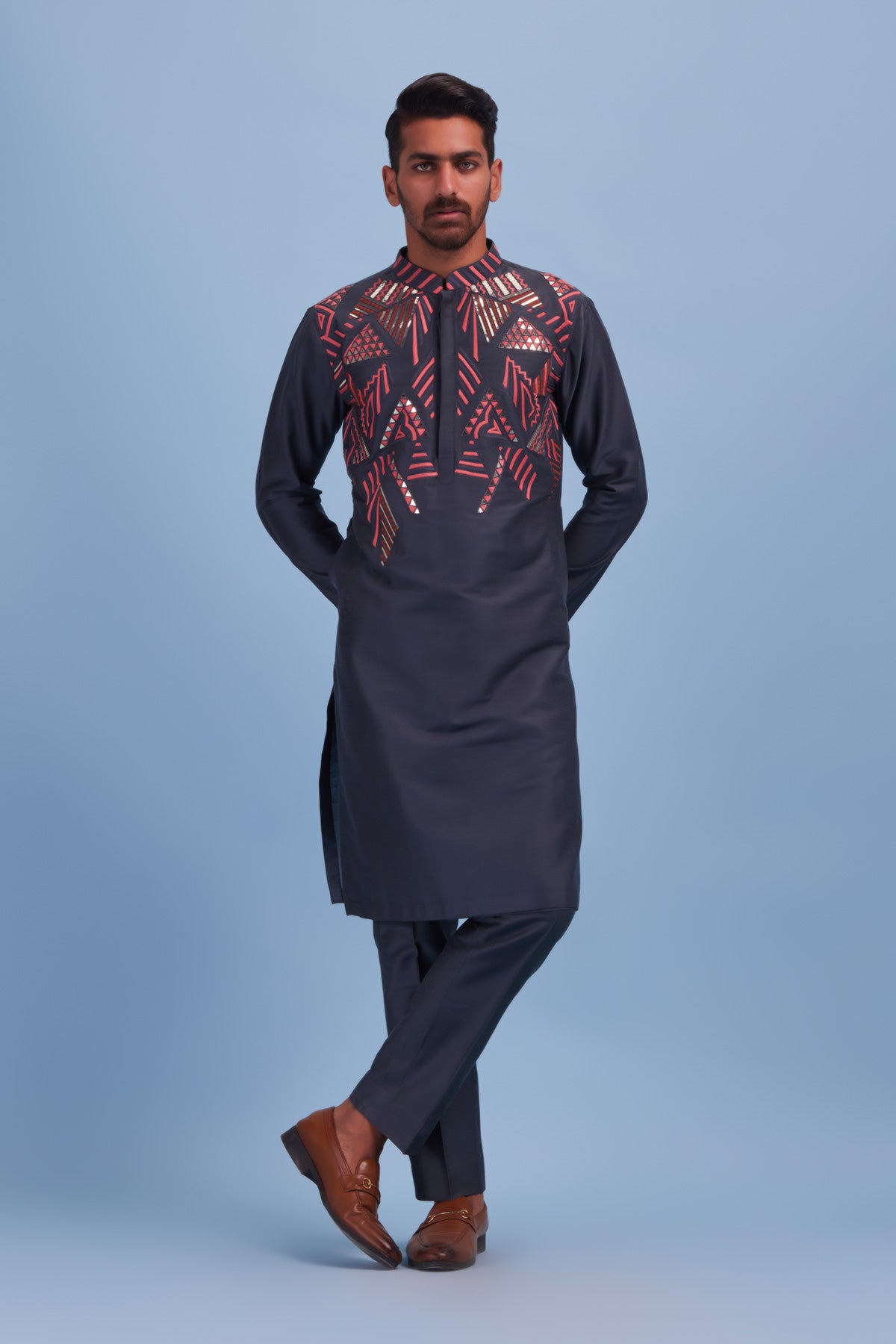 Grey Geometric Acrylic & Thread Mix Embroidered Kurta With Grey Pants