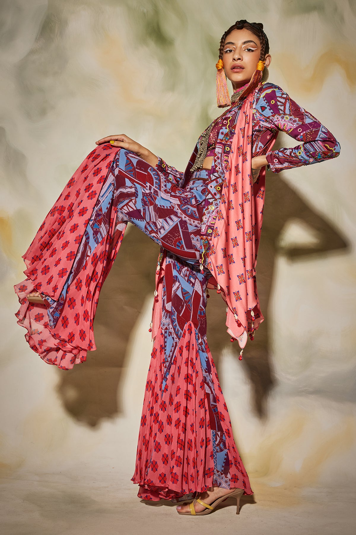 Purple geometric printed godet pants, cape & printed leather belt