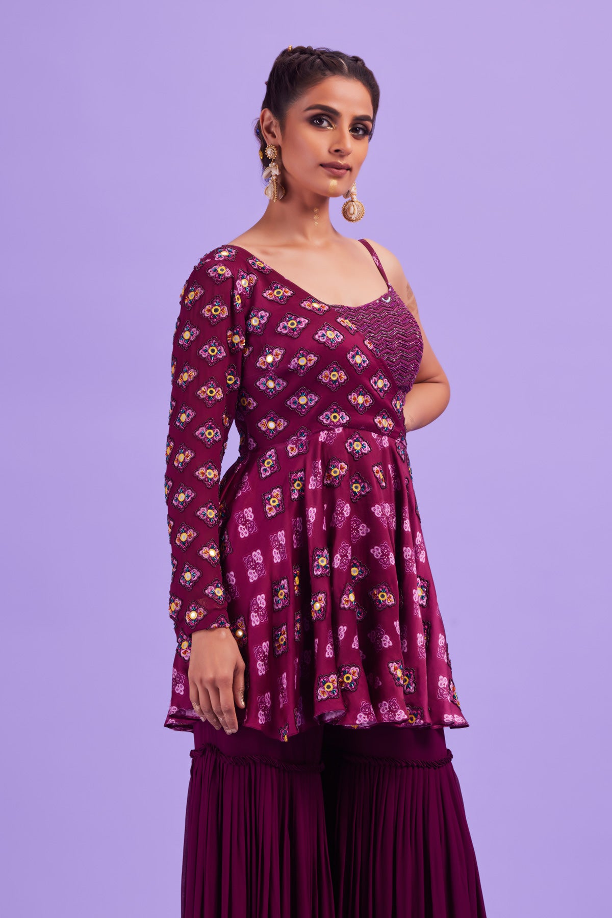 Purple Asymmetrical Butta Print & Highlighted Peplum Set