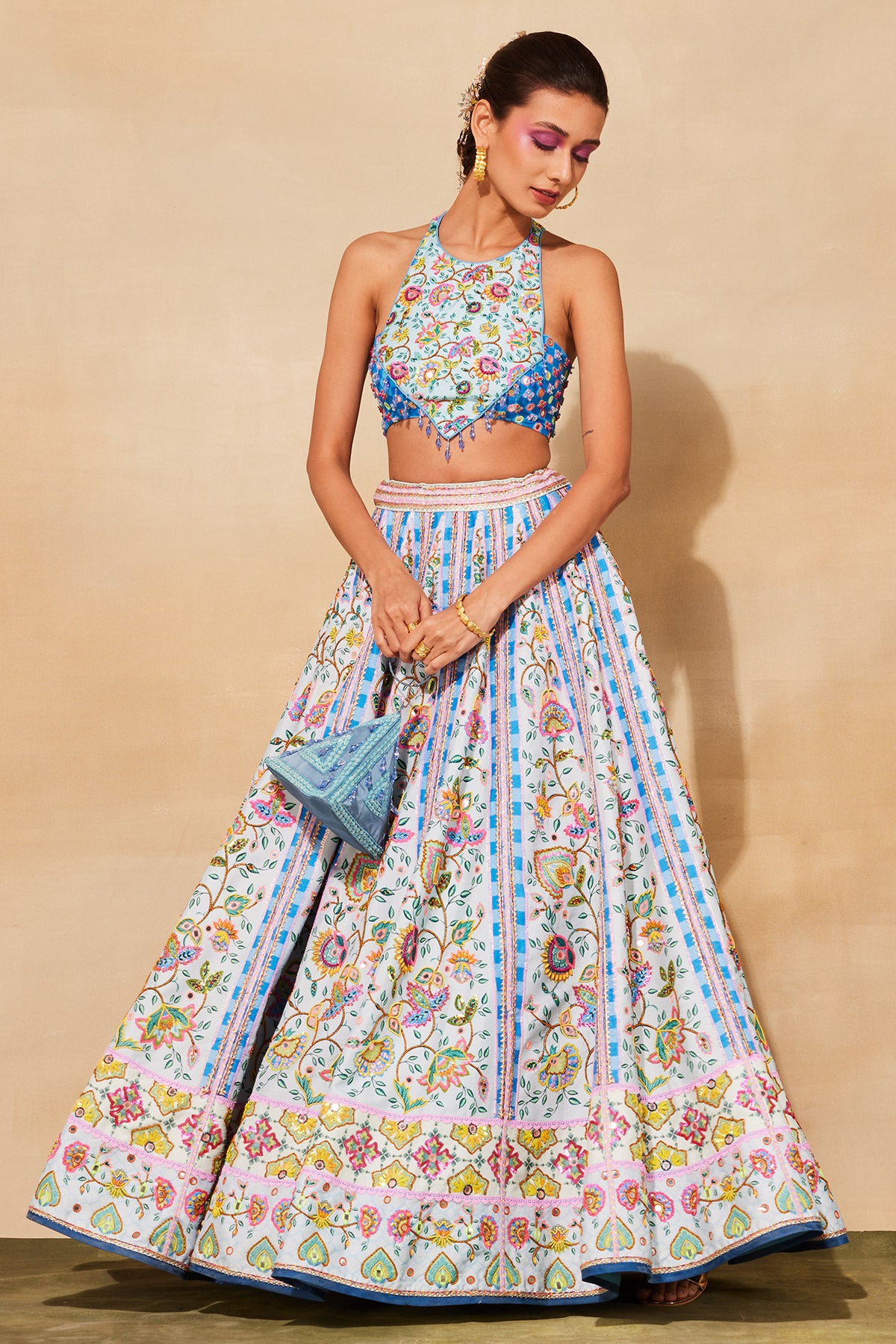 POWDER BLUE CROLORFUL PRINT & EMBROIDERED LEHENGA SET