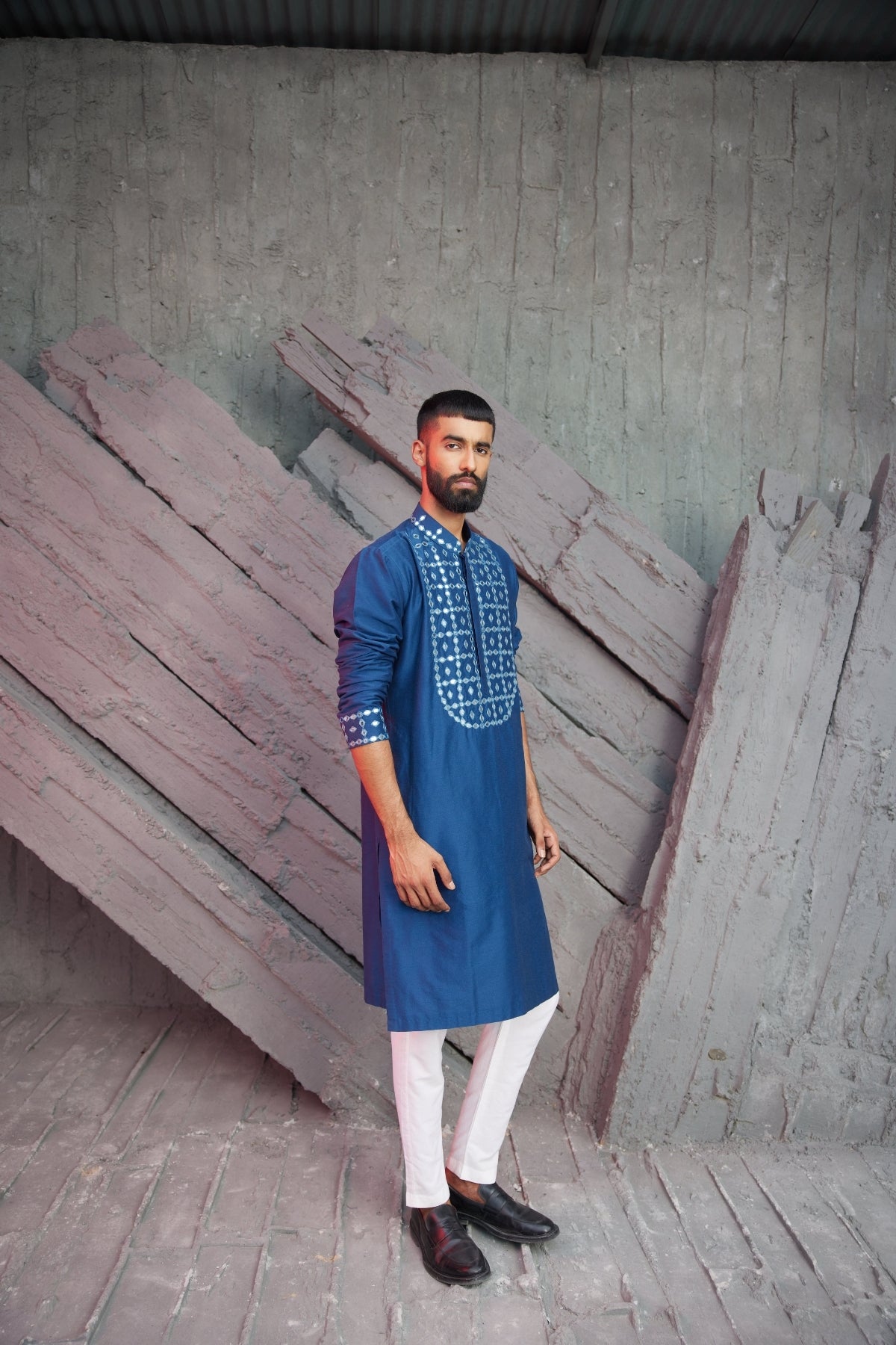 Indigo Blue Self On Self acrylic and thread Embroidery Yoke Kurta