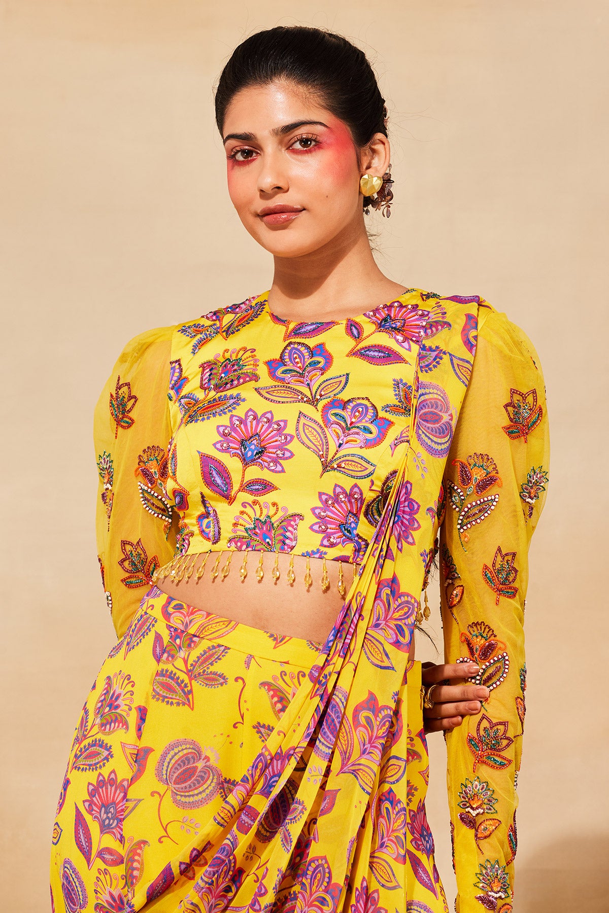 YELLOW PRINT & EMBROIDERED SAREE SET