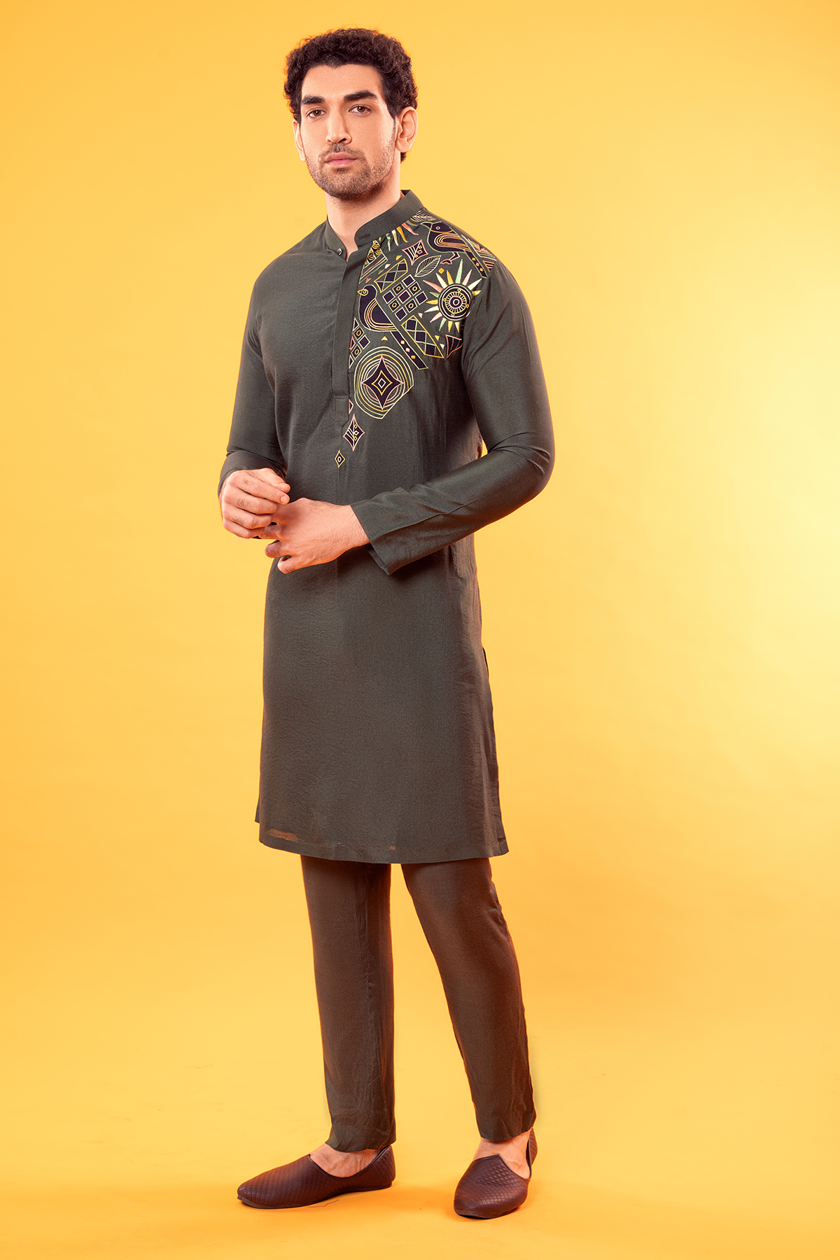 Olive Green Multi Colour Embroidered Kurta