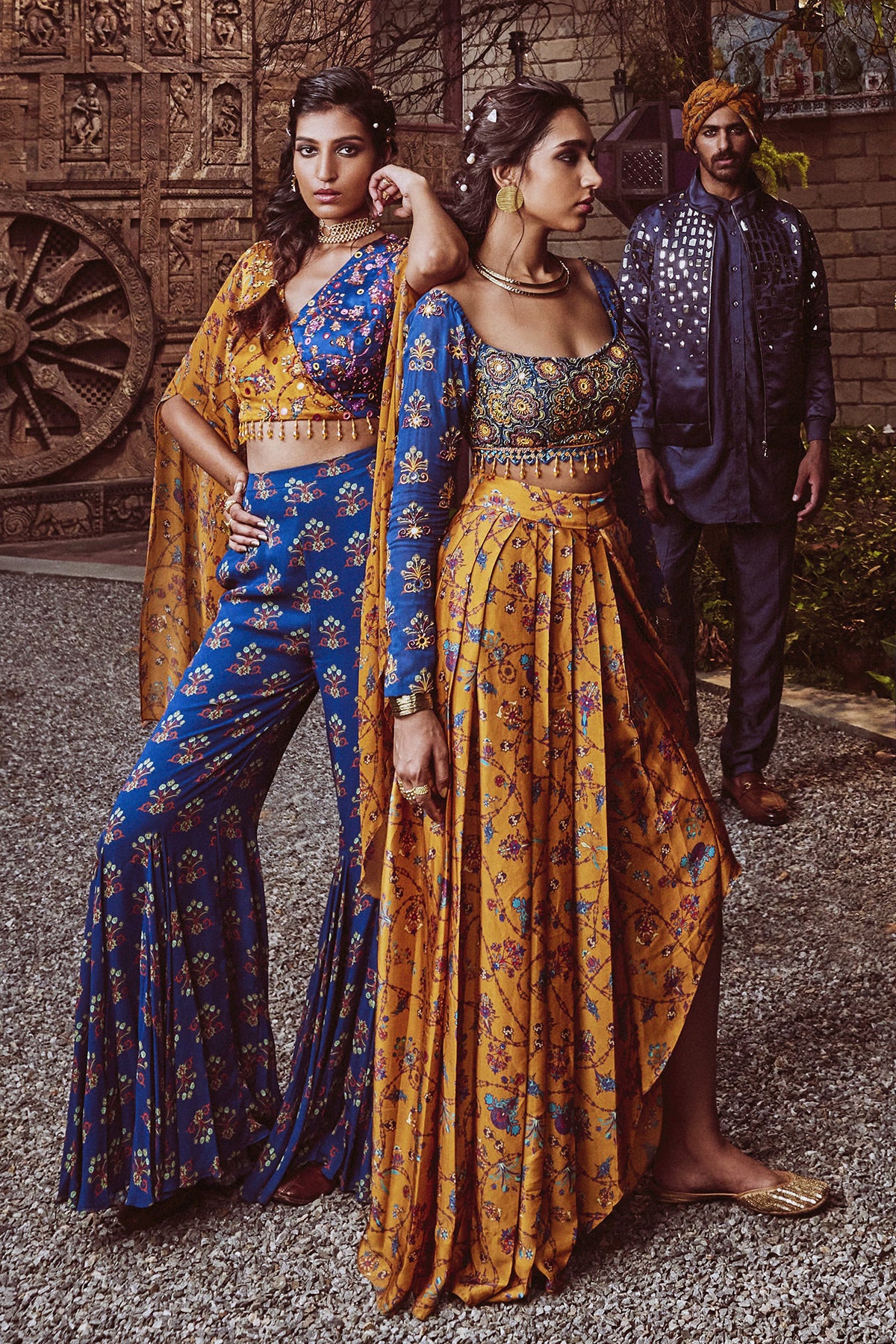 Yellow & Blue Crop Top Blue Butta Printed Godet Pants