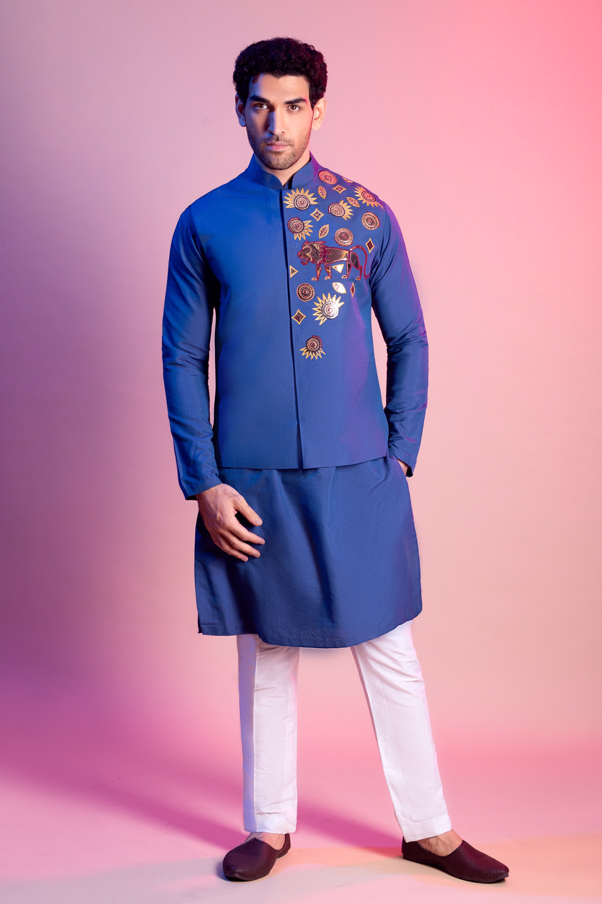 Indigo Blue Acrylic Gold Lion Embroiderey Kurta & Bandi