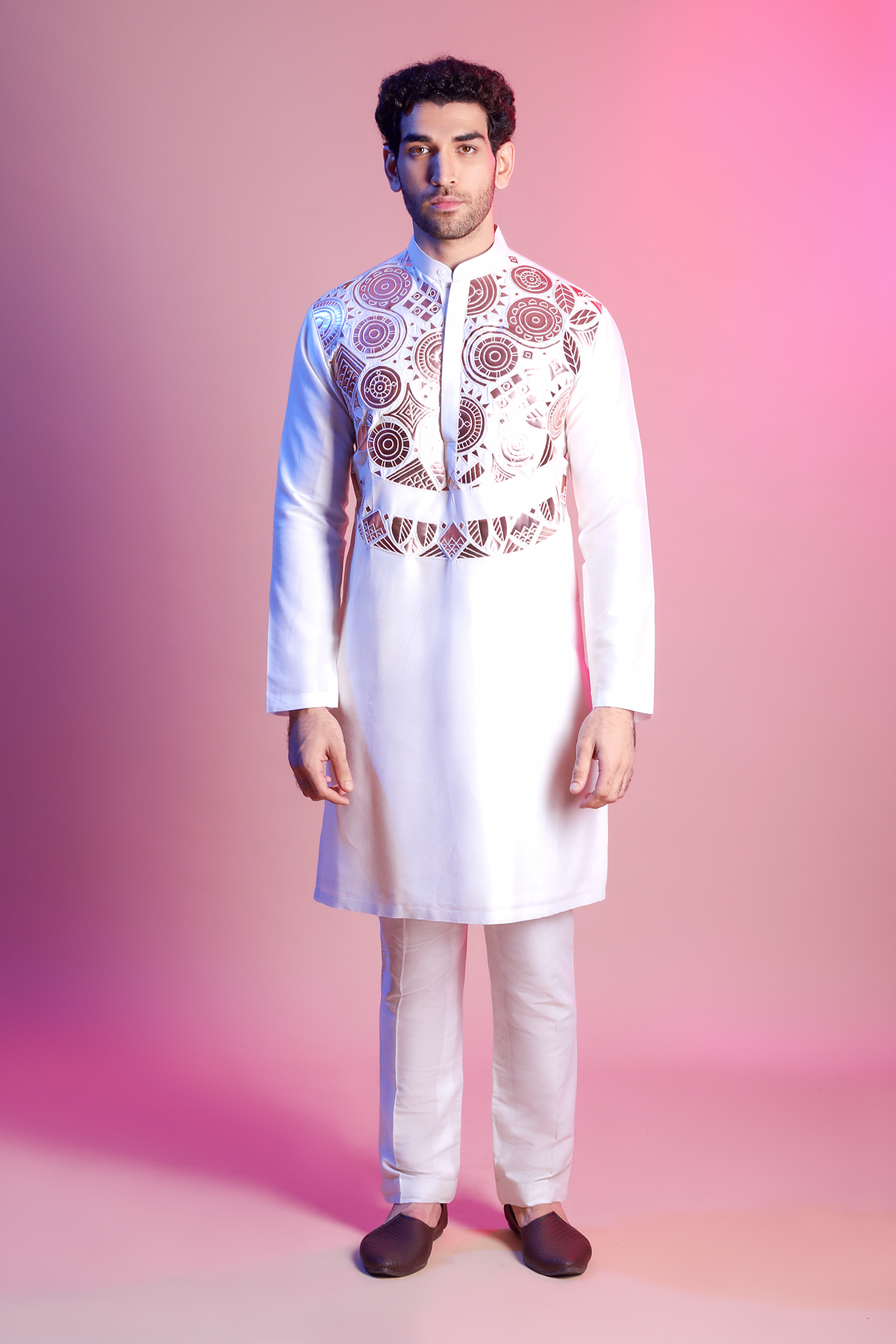 White Acrylic Geometric Rose Gold Yoke Embroidered Kurta