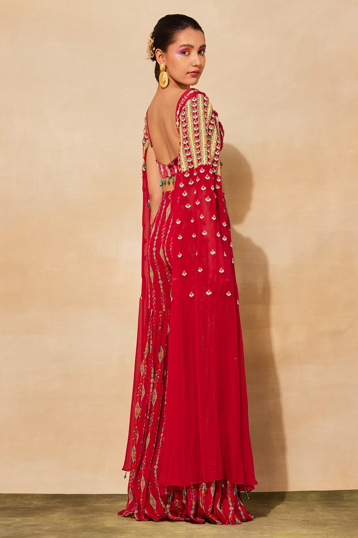 CRIMSON RED PRINT & EMBROIDERED CROP TOP SET