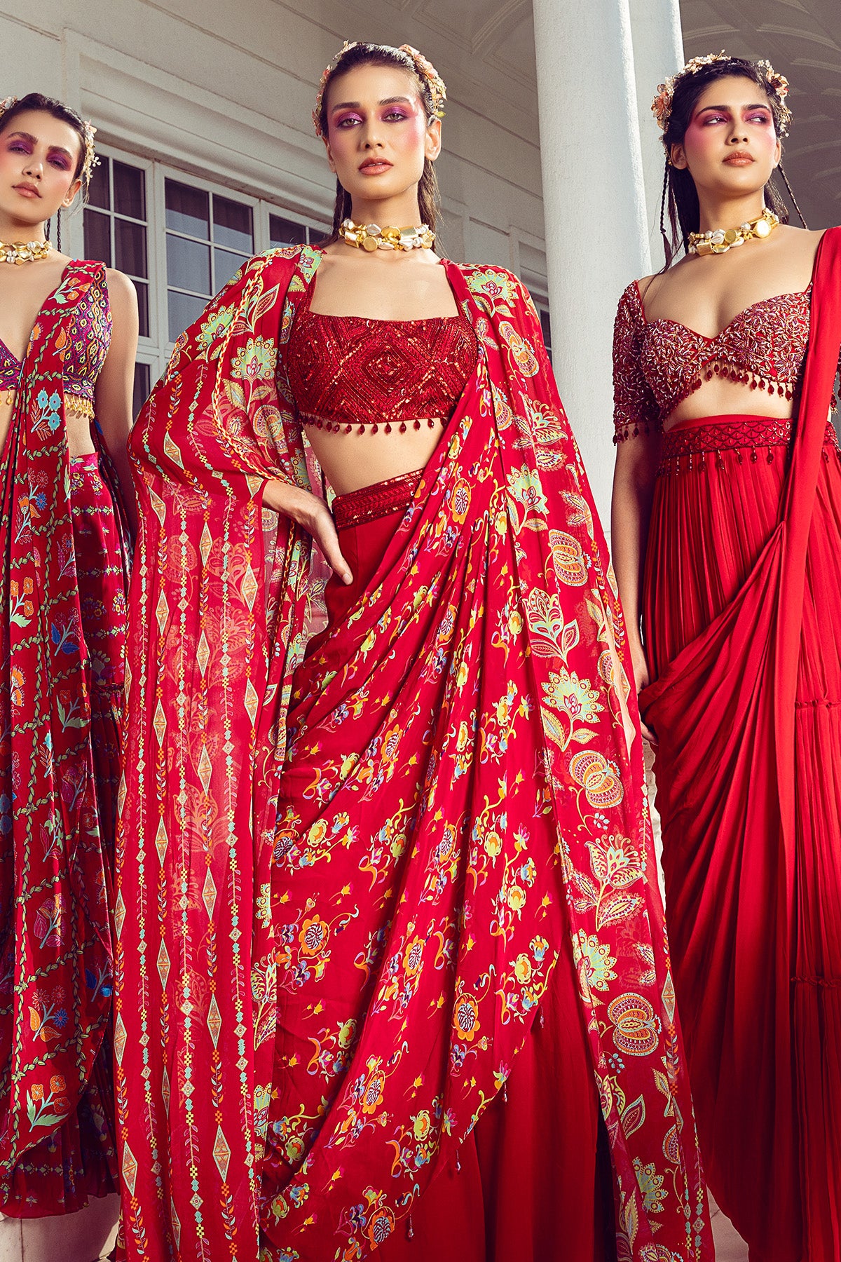 CRIMSON RED DIAMOND EMBROIDERED & PRINTED CAPE SAREE SET