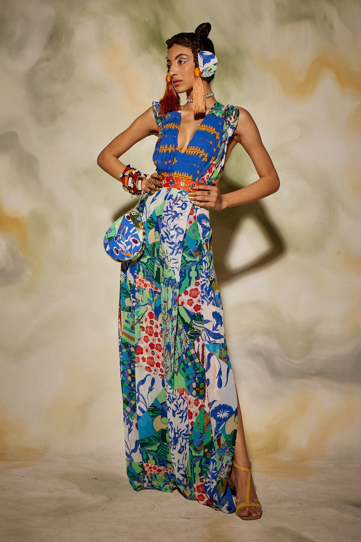 White & Blue Aztec Print Jumpsuit With Drop Potali Bag