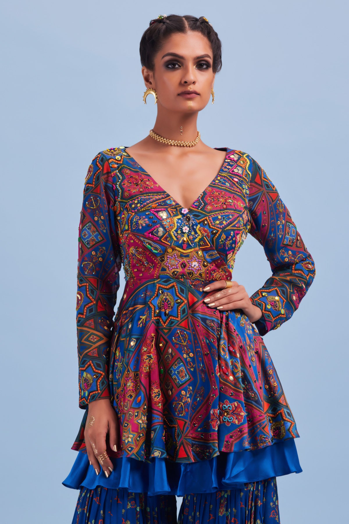 Teal & Fuchsia Pink Jaal Print & Highlighted Peplum Set