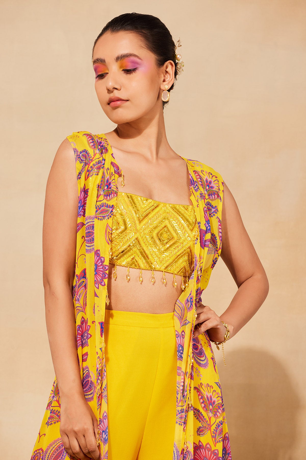 YELLOW PRINT & EMBROIDERED CAPE SET