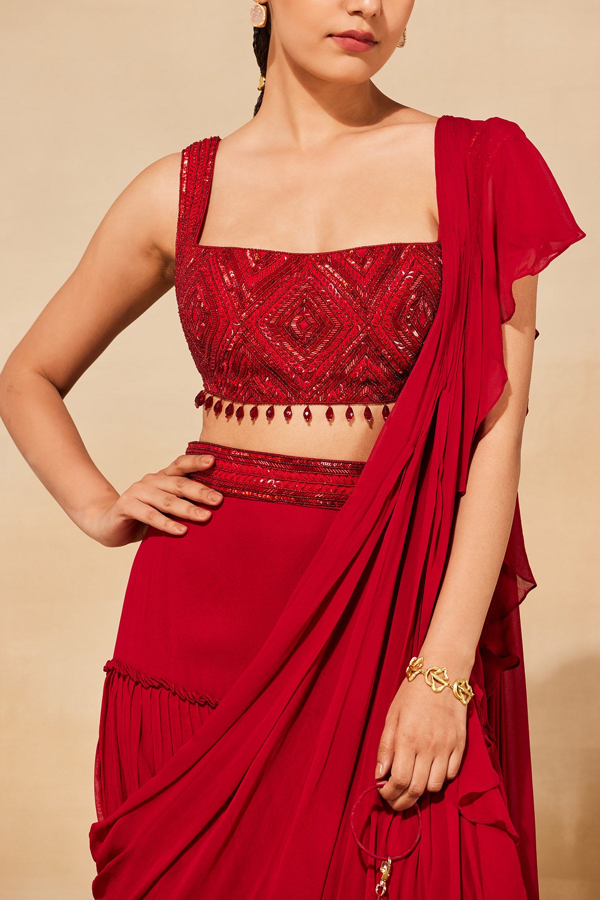 CRIMSON RED DIAMOND  EMBROIDERED SAREE SET