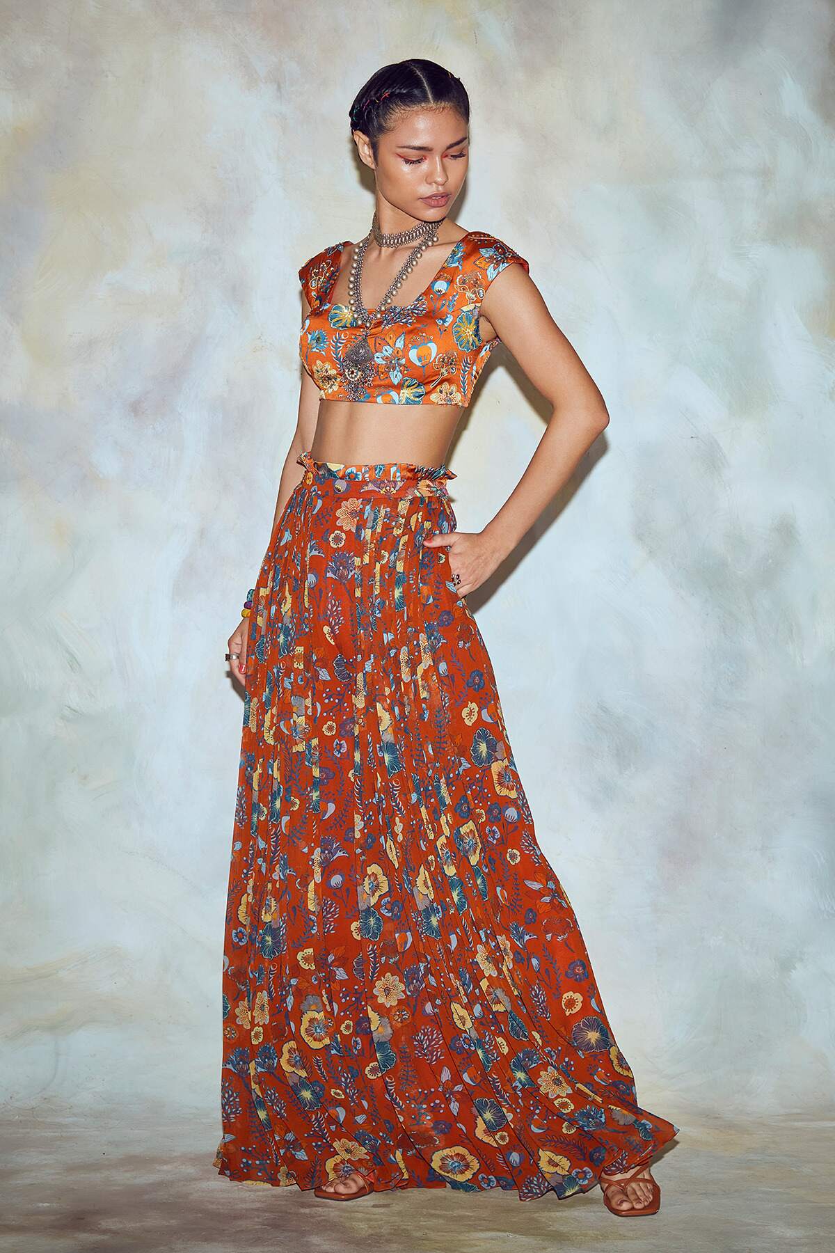 Rust Jaal Print Crop Top Set