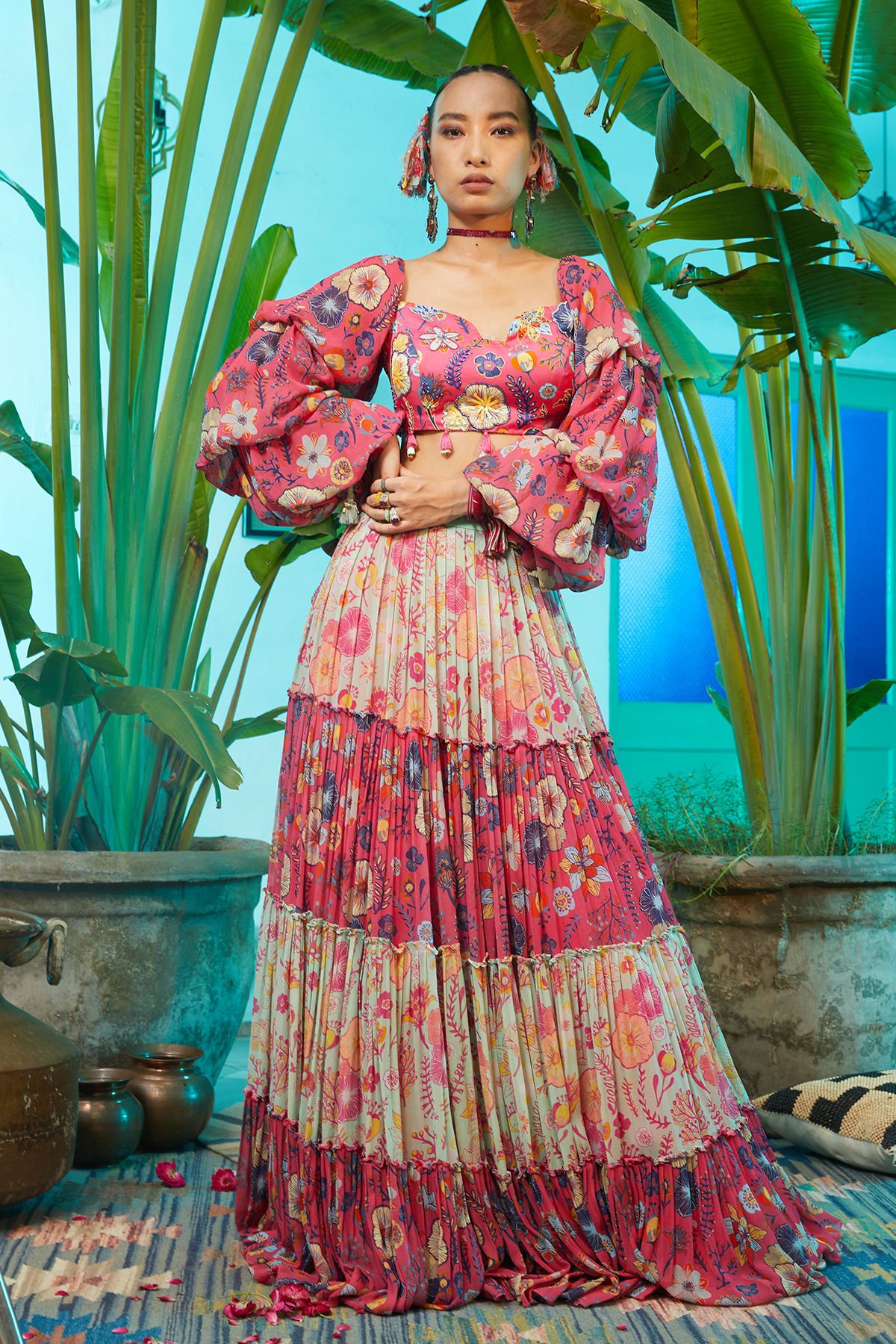 Fuschia  Pink Jaal Print Skirt Set