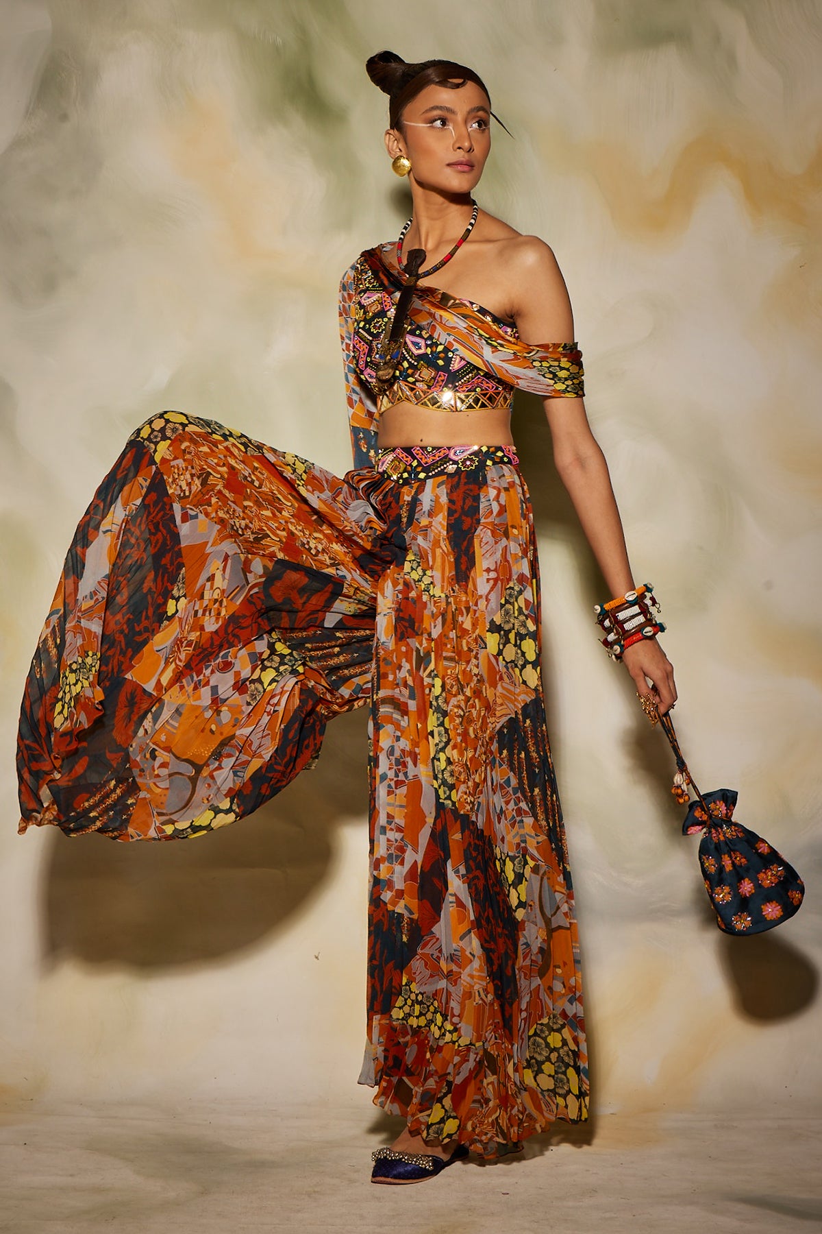 Brown & rust aztec print pleated with pants with potali bag