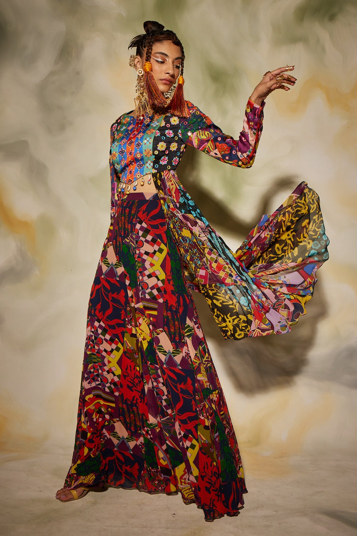 Purple & Green Aztec Print Sharara Pants & Asymmetrical Kurti