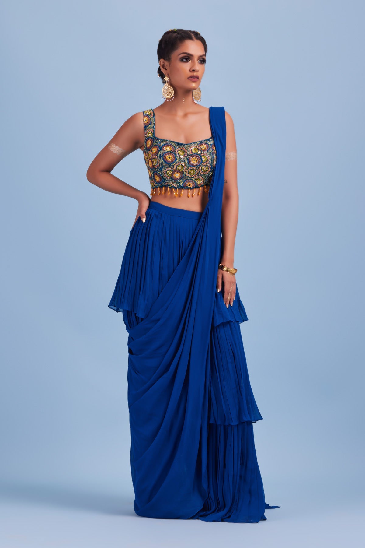Blue Cutdana Floral Embroidered Sari Set