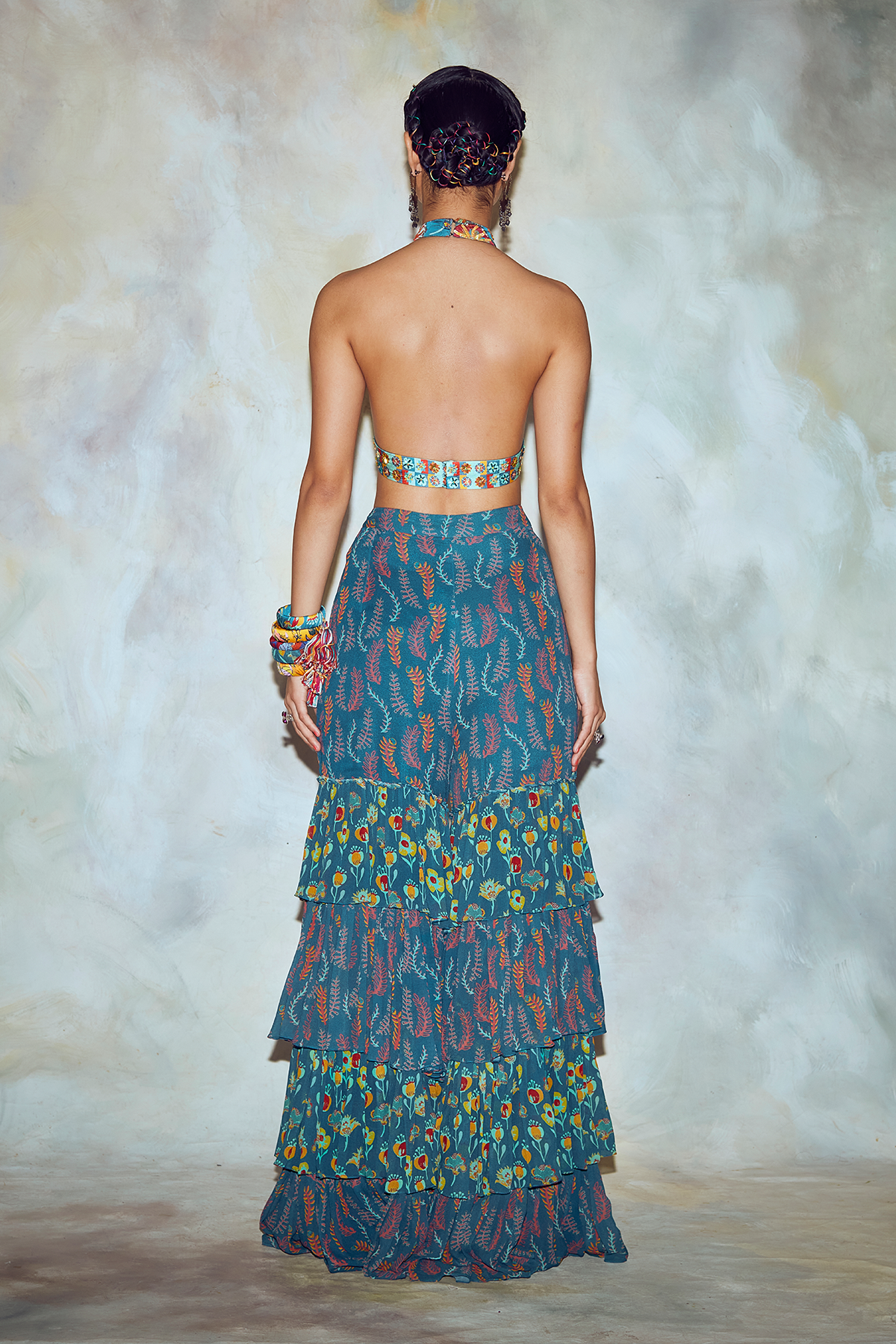 Teal Blue Jaal Print Crop Top Set