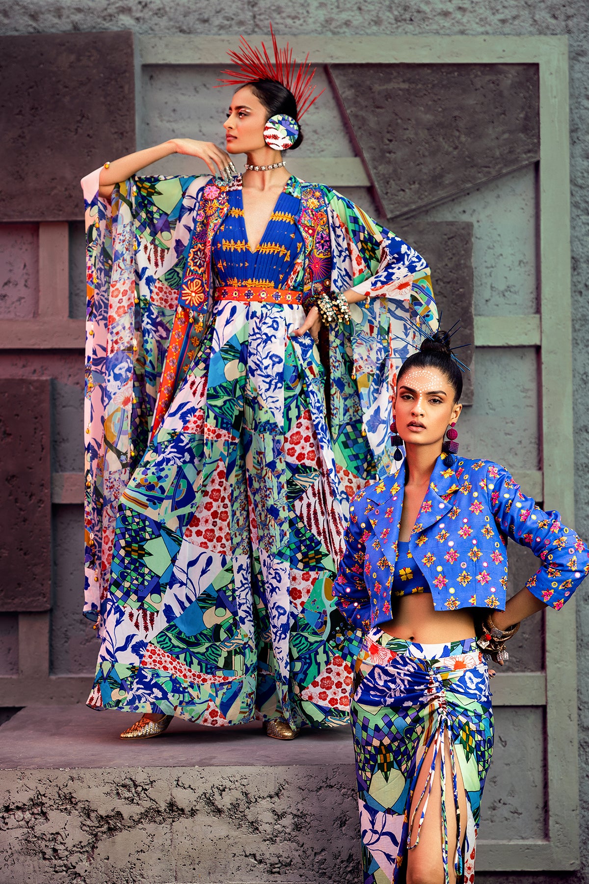 White & Blue Aztec Printed Cape Jumpsuit