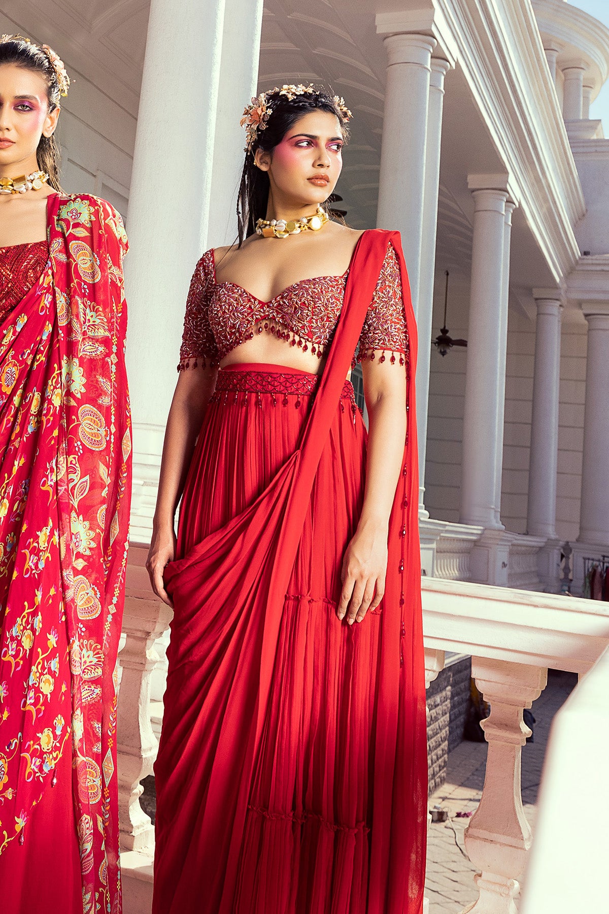 CRIMSON RED FLORAL EMBROIDERED SAREE SET