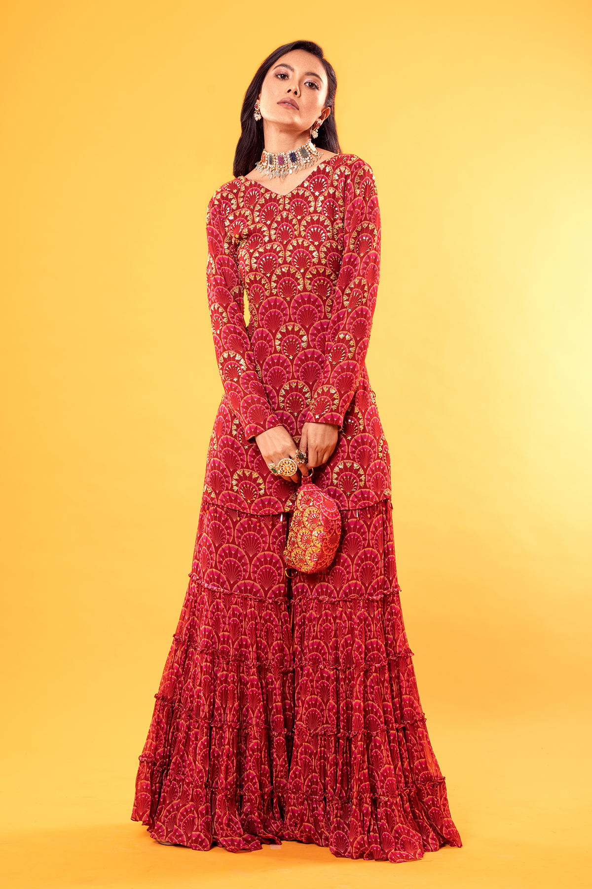 Maroon Fan Printed Kurti With Tiered Sharara & Embroidered Potli Bag