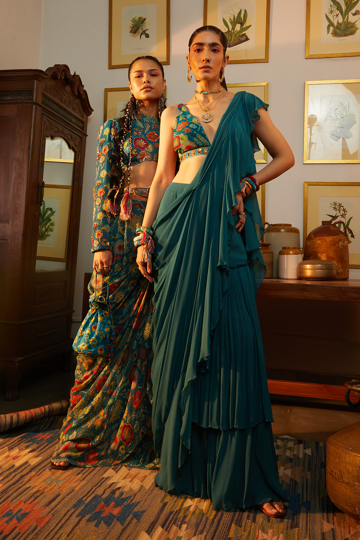 Teal Blue Jaal Print Saree Set