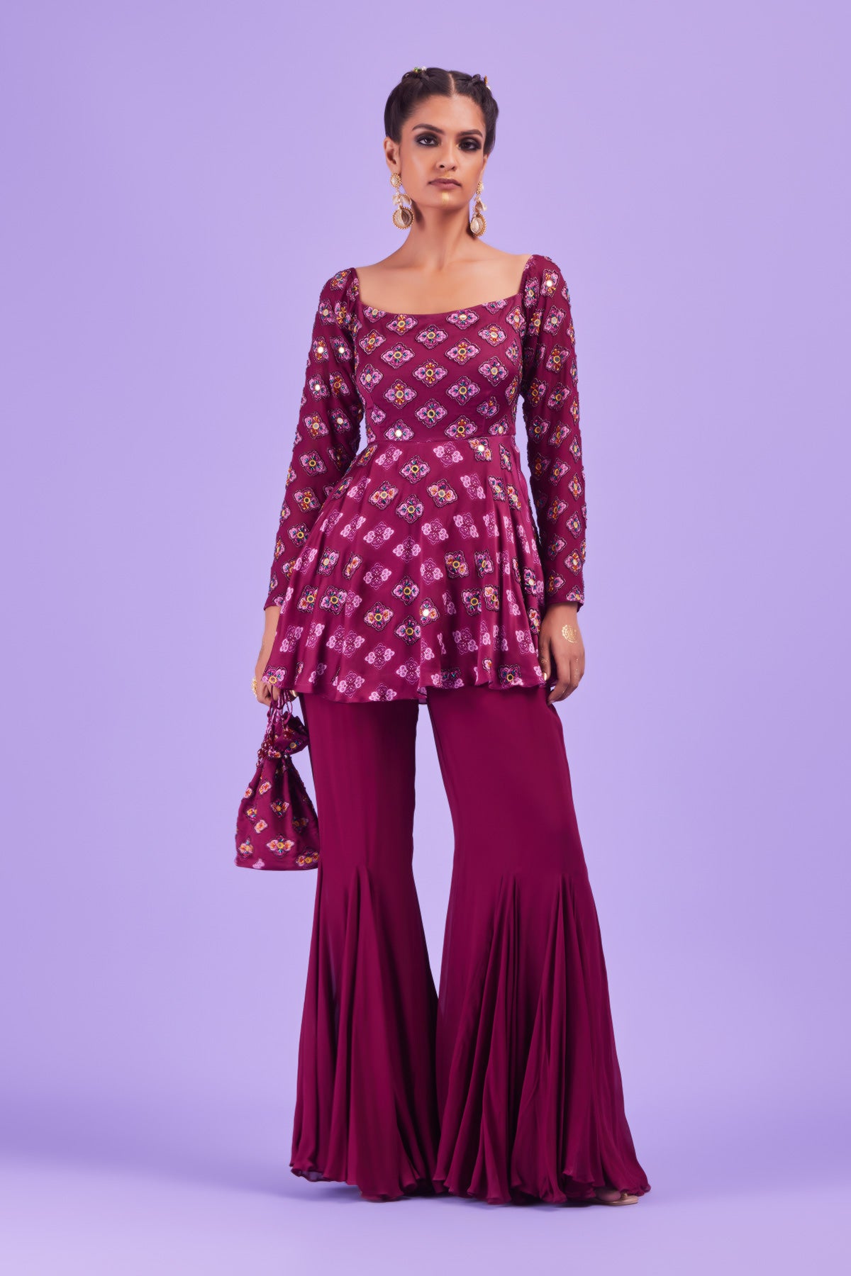 Purple Butta Print & Highlighted Peplum Set