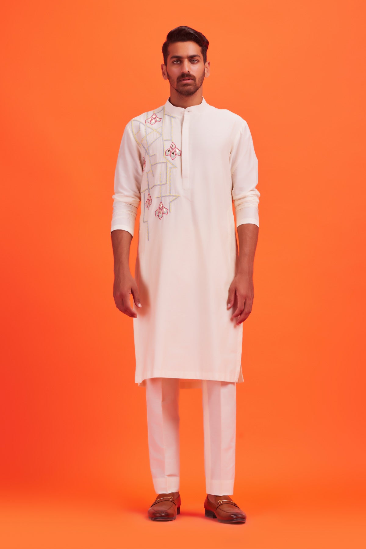 Pastel Yellow Thread and Acrylic Dropdown Petal Kurta With Pastel Yellow Pants