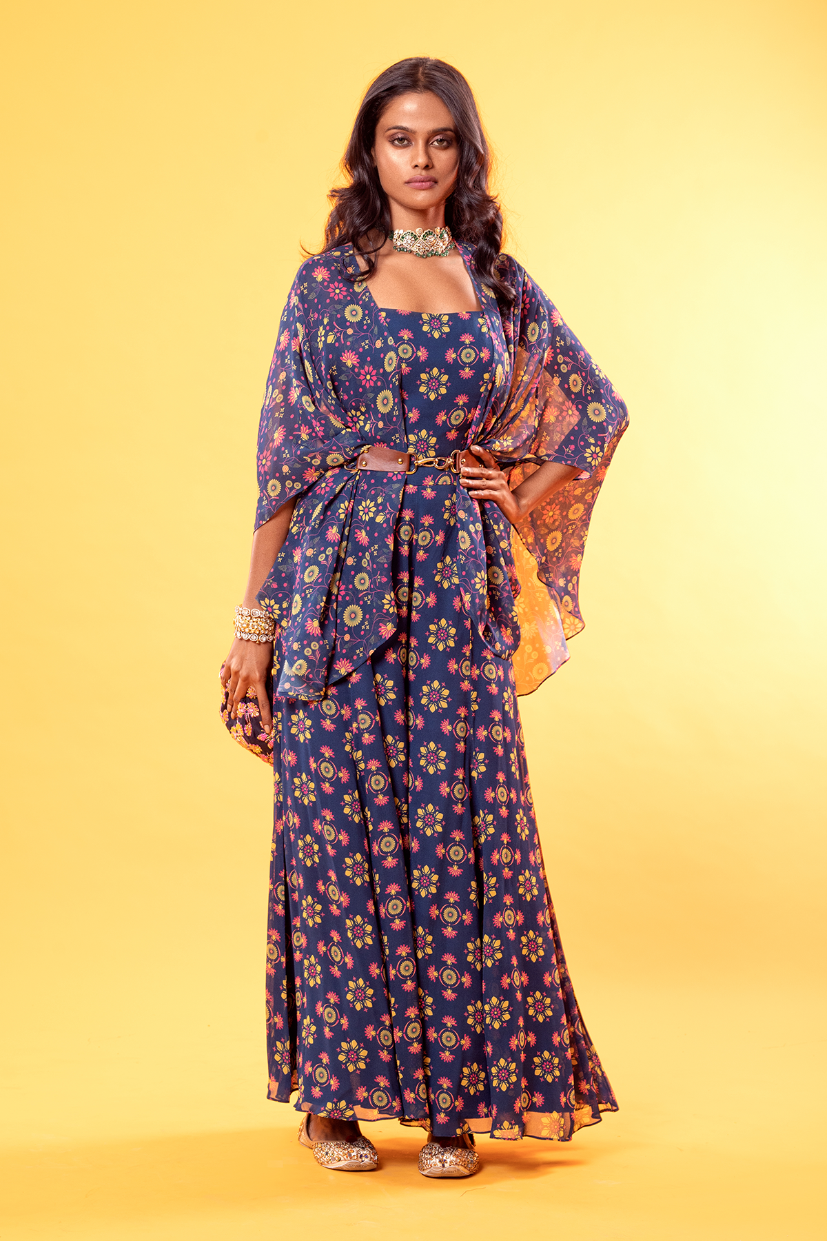 Blue Mix Butta Printed Jumpsuit With Jaal Printed Jacket & Embroidered Bag Belt