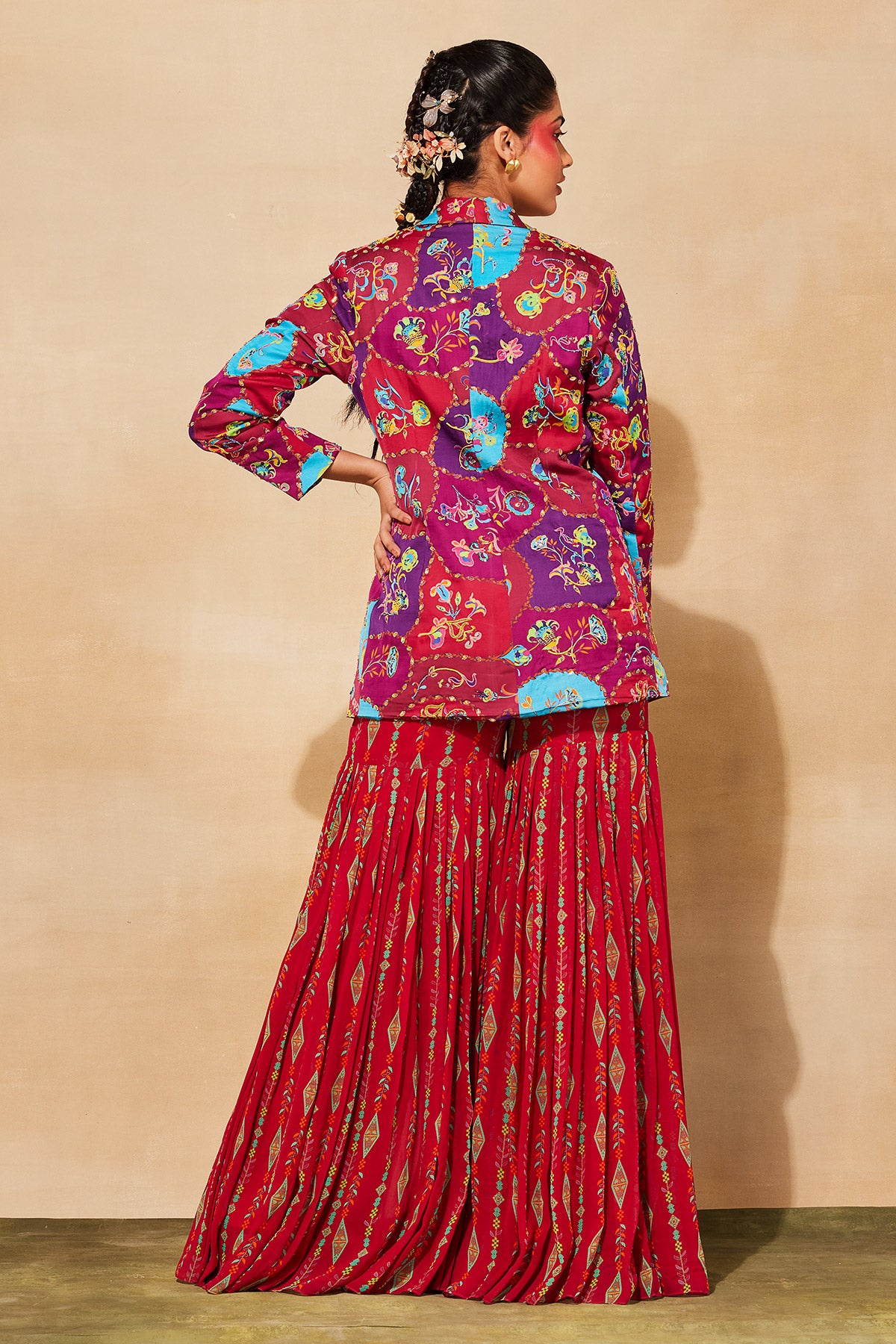 CRIMSON RED PRINT & EMBROIDERED BLAZER SET