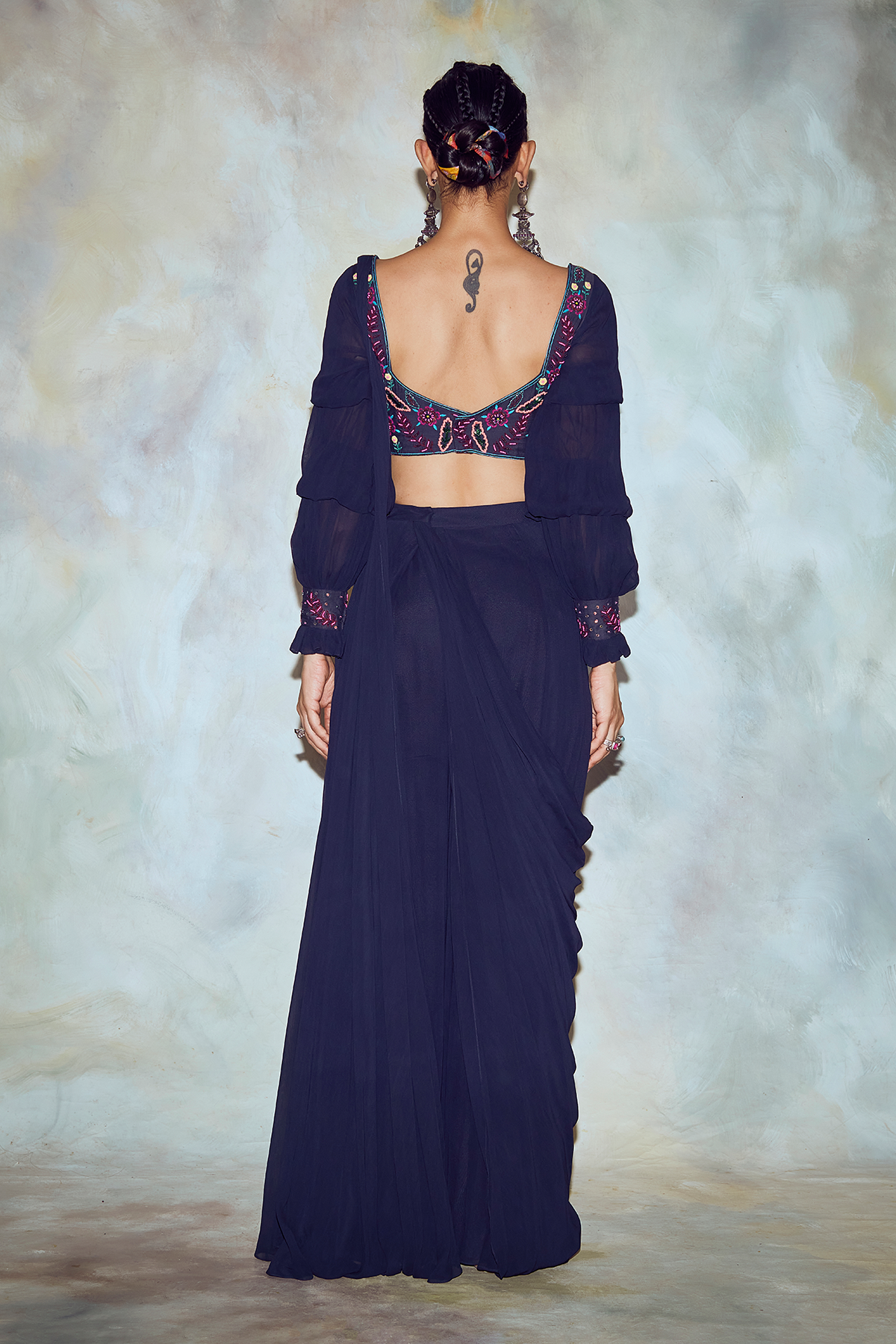 Dark Blue Leaf Embroidered Saree Set