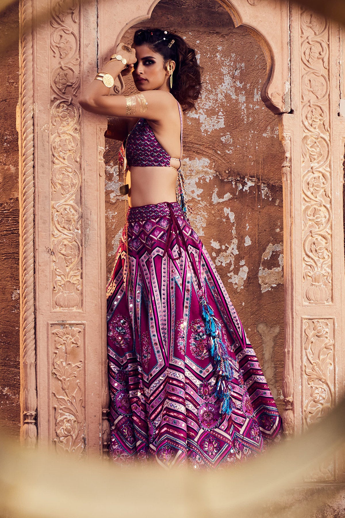 Purple Geometric Print & Highlighted Blouse Lehenga And Organza Embroidered Dupatta