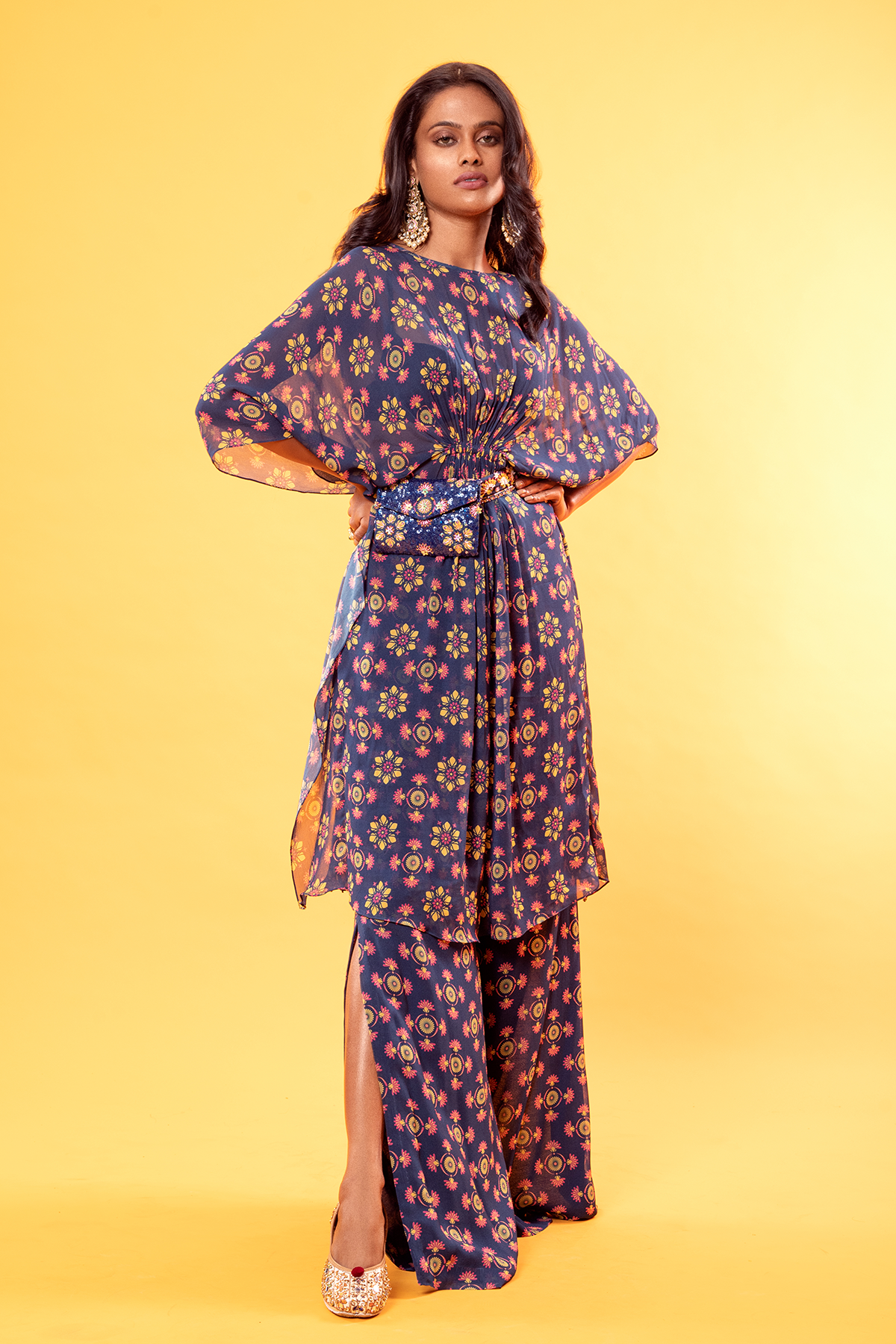 Navy Blue Mix Butta Kaftan & Pant With Embroidered Bag Belt