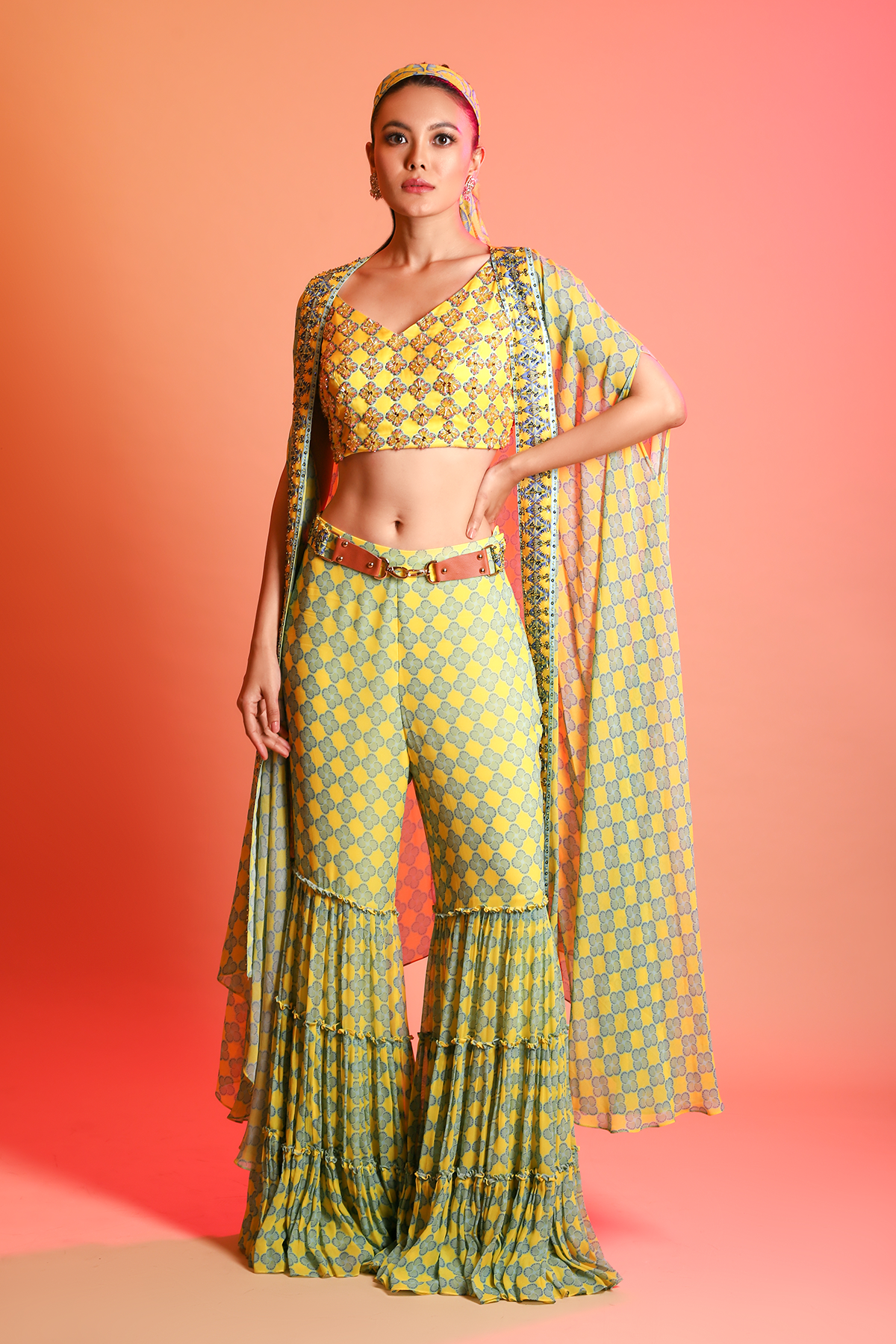 Yellow- Sky Blue Crystal Printed V Neck Embroidered Blouse With Butta Printed Garara & Fan Printed Sharara