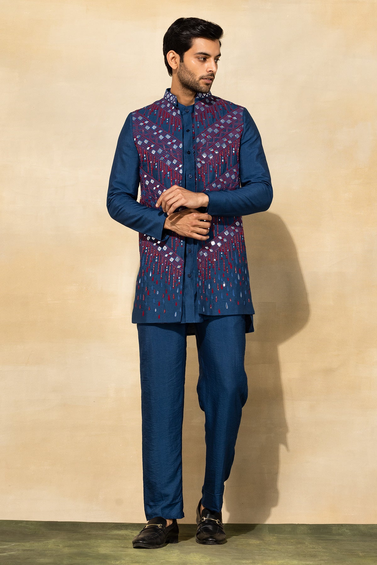 INDIGO BLUE MIX EMBROIDERED KURTA SHIRT & LONG JACKET