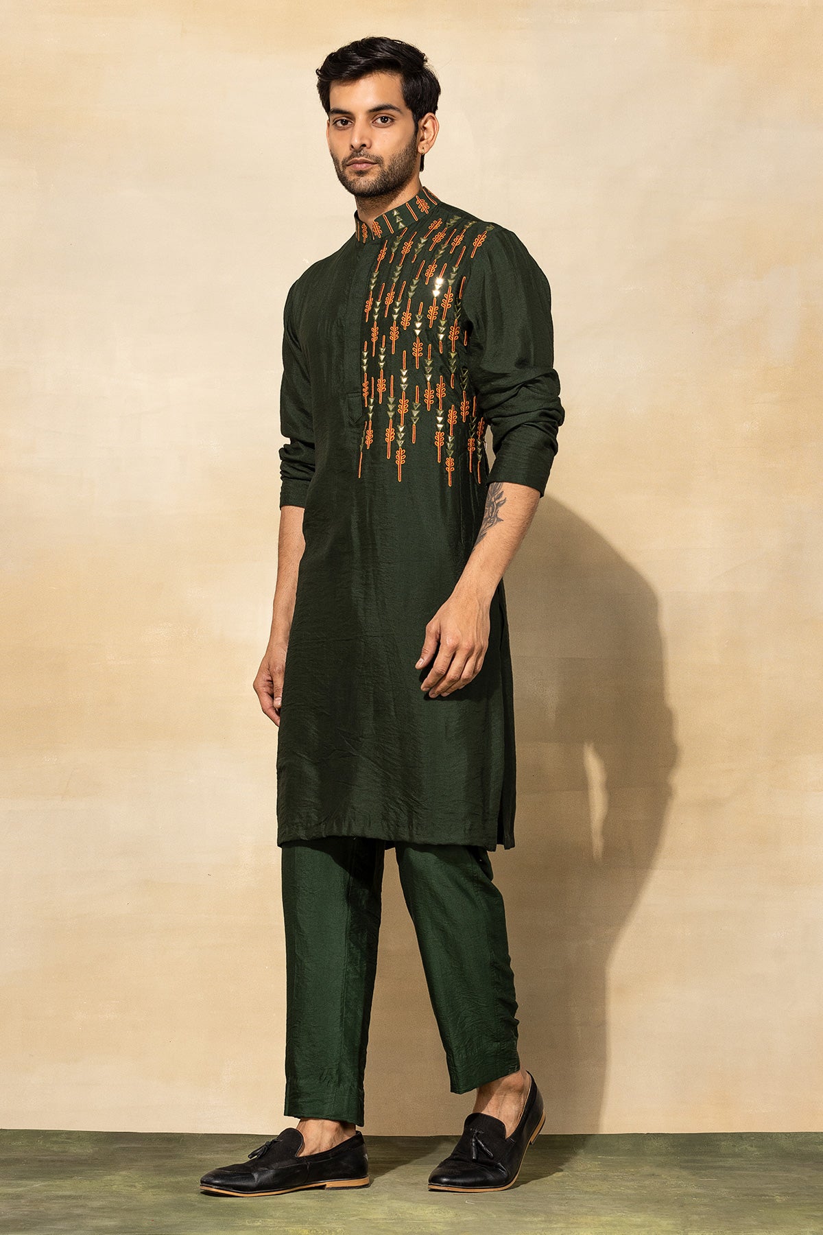 OLIVE GREEN ARROW  EMBROIDERED KURTA