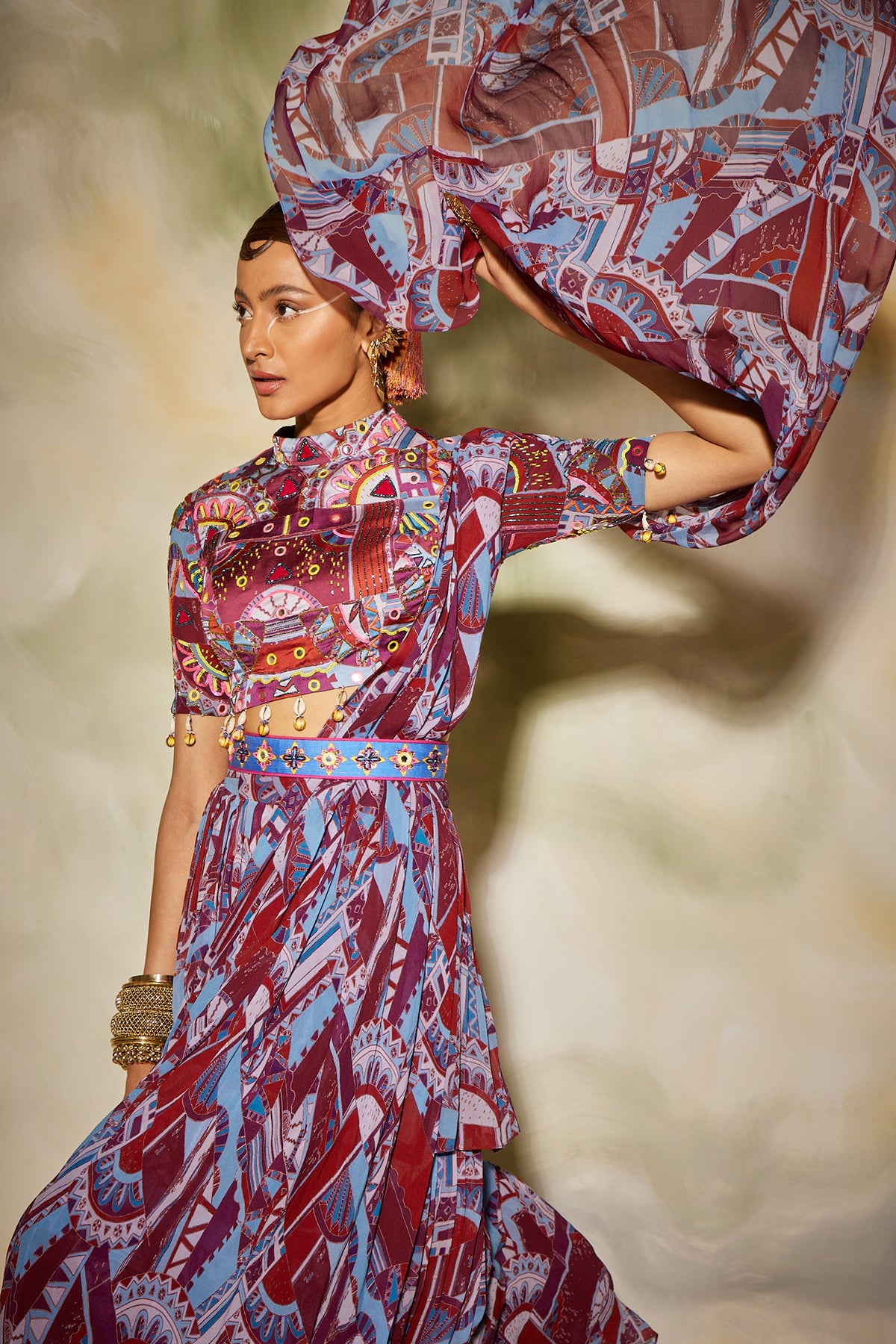 Purple geometric printed layer skirt saree