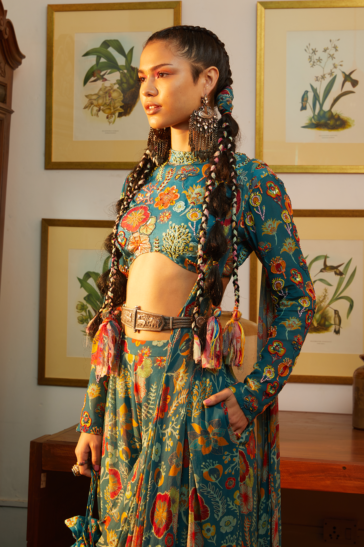 Teal Blue Jaal & Floral Saree Set