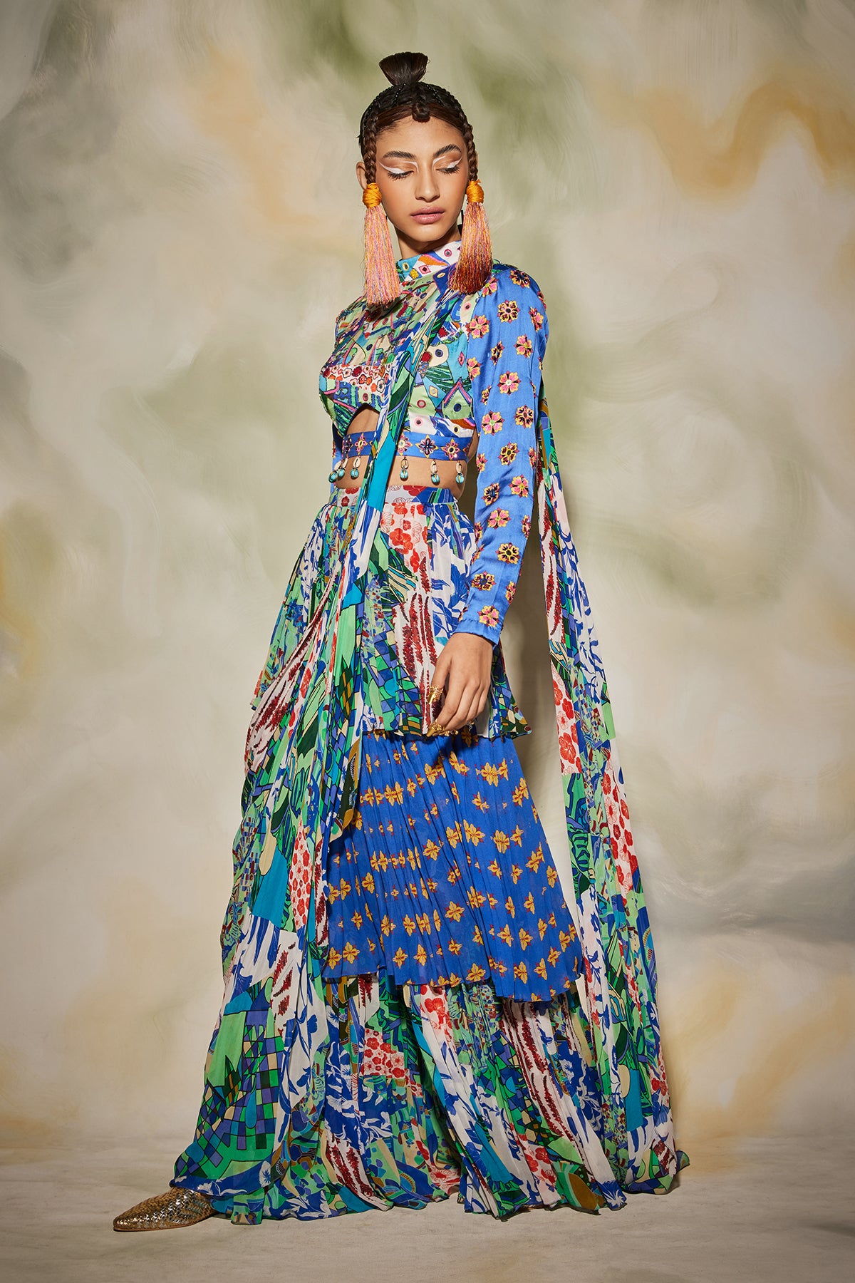 White & Blue Aztec Butta Printed Saree Set