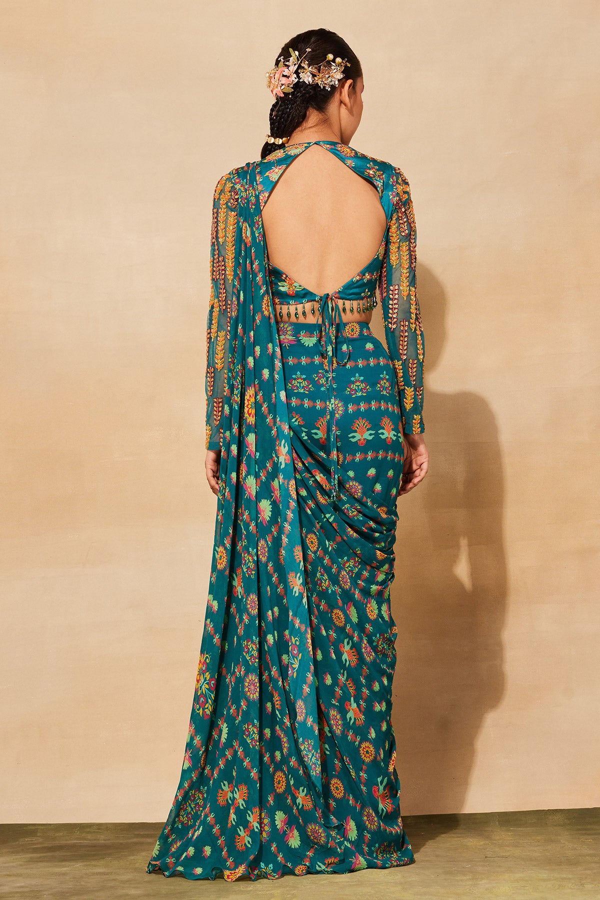 TEAL BLUE PRINT & EMBROIDERED SAREE SET