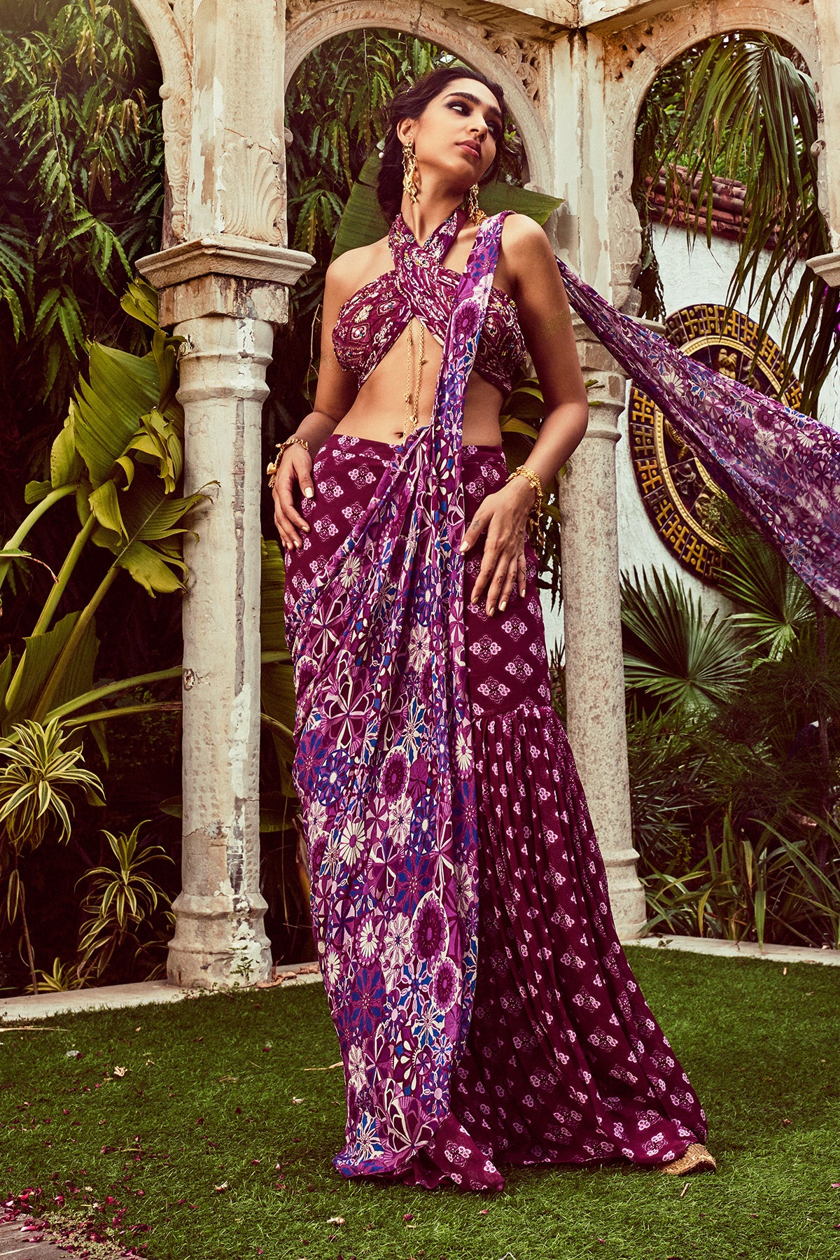 Purple Jaal Printed Gharara Saree Set