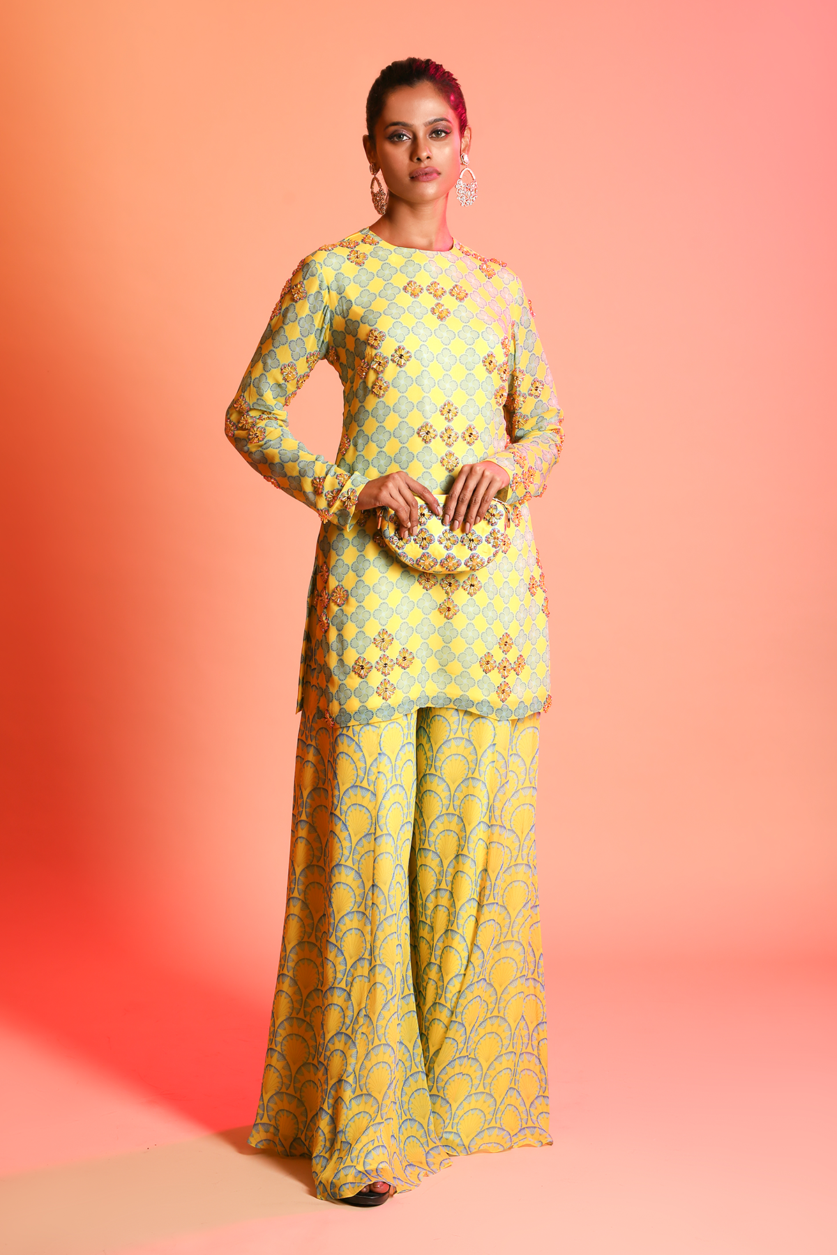 Yellow- Sky Blue Butta Printed Kurti  With Fan Butta Printed Sharara & Potli Bag